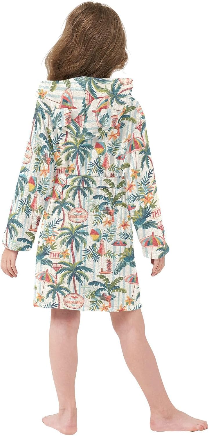 senya Coconut Trees and Umbrellas Toddler Hooded Bathrobe Kids Soft Plush Bath Towel Robes for Boys Girls 2-12 Years
