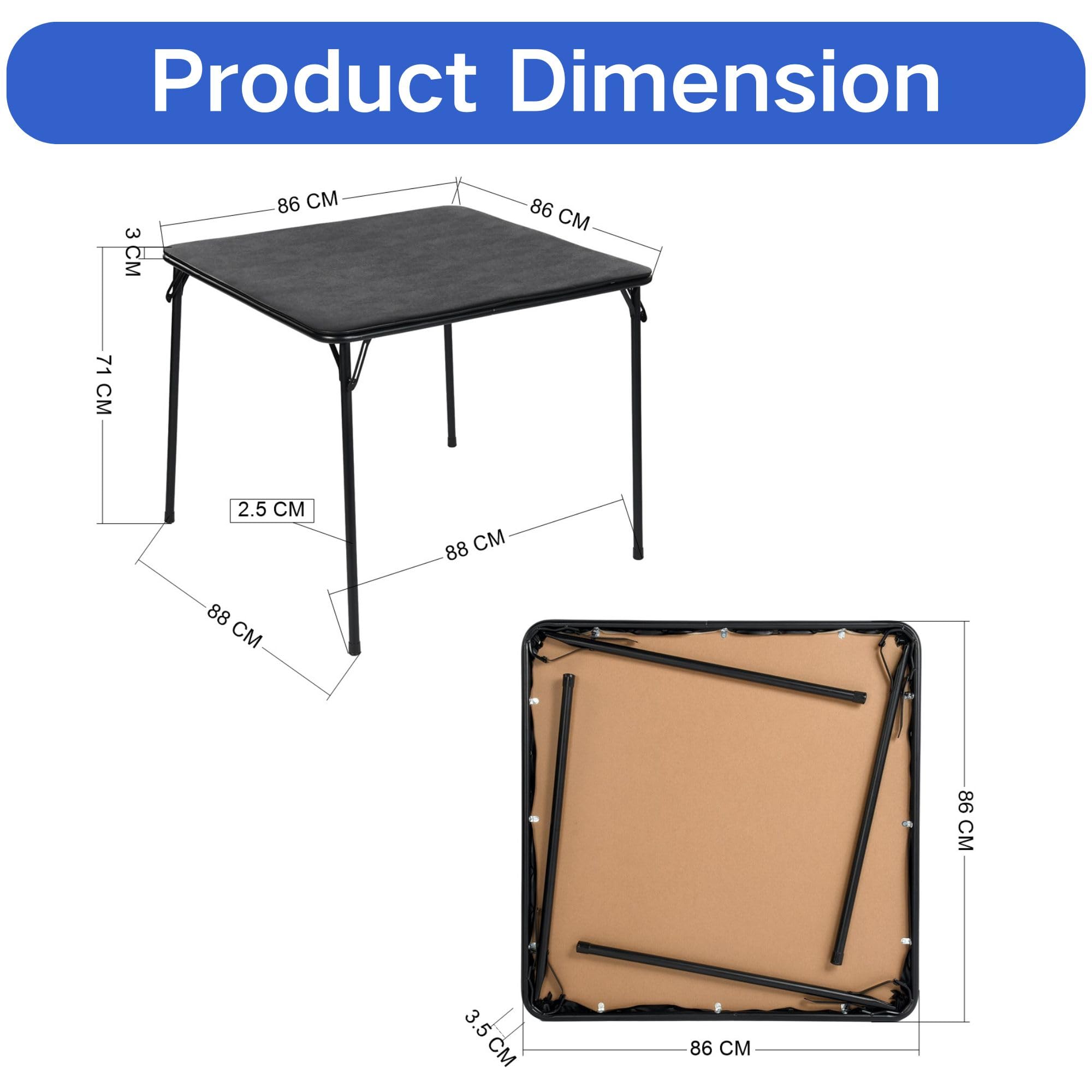 FurnitureR Tables Pliantes Square Noire, Structure Métallique Robuste et MDF Plateau Rembourré en Cuir Synthétique, Pliable et Portable pour Fête à Maison, Camping en Plein Air, Pique-Nique, 86 x 86cm