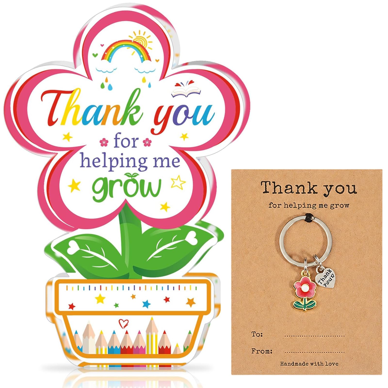 Teacher Gifts, Thank You for Helping Me Grow, 2 PCS Thank You Gift Set with Flower-Shaped Thank You for Helping Me Grow Acrylic Plaque and Keychain Cards, for Teachers Day, Birthday, End of The Year