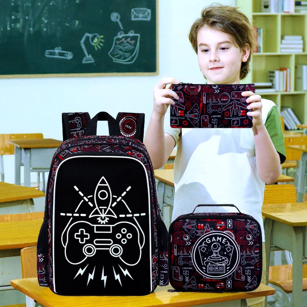 KLFVB 3PCS Kids Backpack, Luminous School Backpacks with Lunch Box, 17" Water Resistant Boys Camo Bookbag for Middle Elementary Teens to School Travel - Luminous Game - Image 7