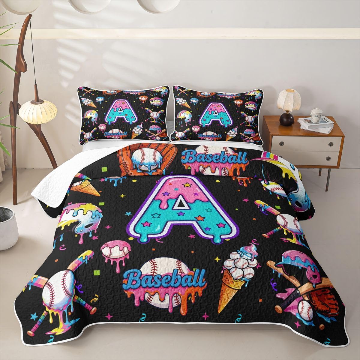 jejeloiu Baseball Quilt Sets Full Size Personalized Initial A Bedspread Coverlet for Kids Teens Adults Baseball Sports Bedding Set Gaming Sports Room Decor with 2 Pillow Case