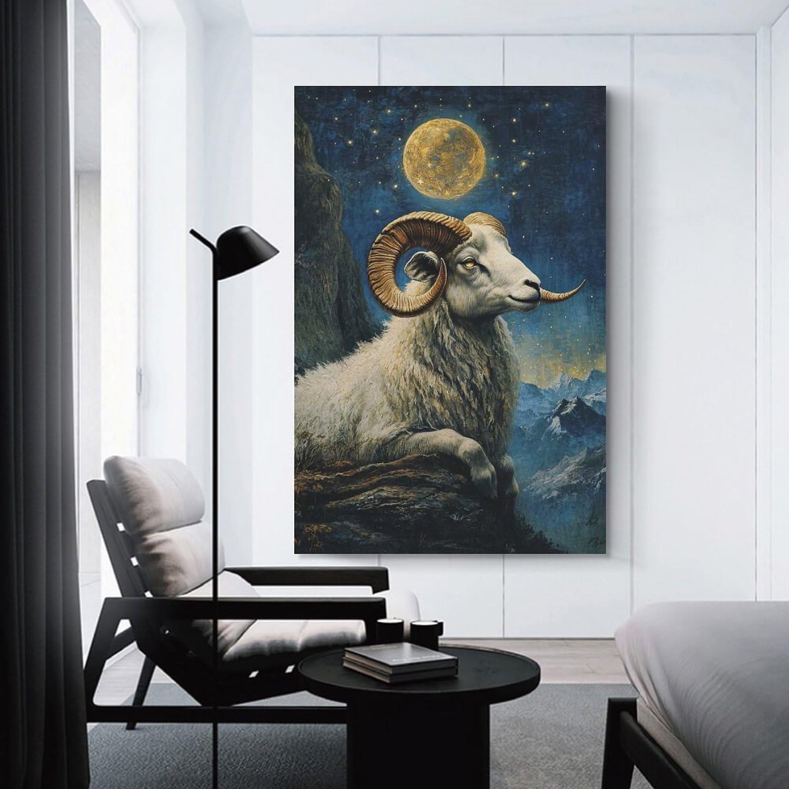 Junmoney Unframe-Style-12 Canvas Art Print Ram Under The Moon, 20X30inch(50X75cm), For Office, Study Or Home Workspace, Wall Art That Adds Style To Work Areas