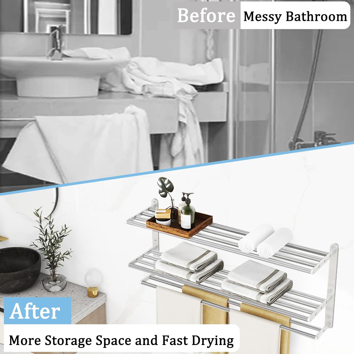 3 Tier Towel Racks for Bathroom Wall Mounted, 32 inch Bathroom Shelf with Towel Bar, Brushed Nickel Shelves for Towels, Stainless Steel Modern Silver Multi Holder