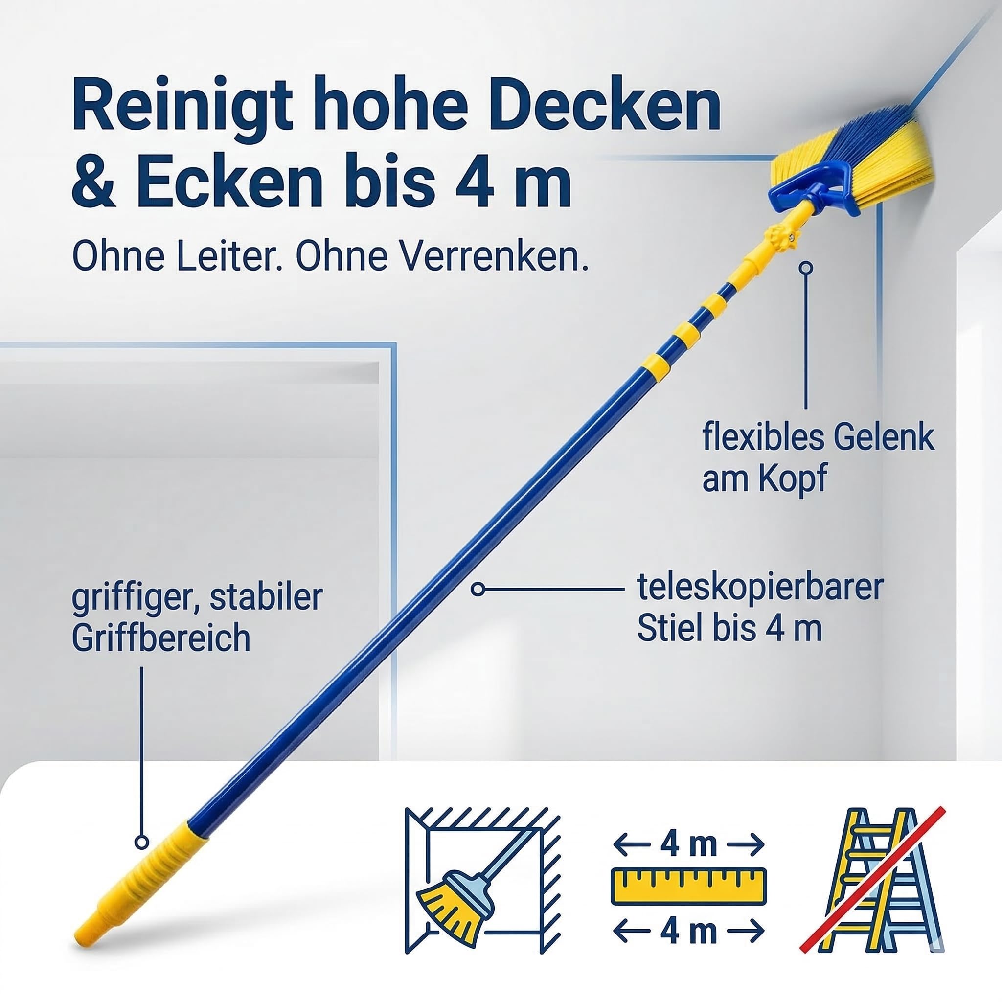 Neustanlo | Eckbesen Set 4 m | Spinnenfeger Dreiecksbesen mit Teleskopstiel | farblich Sortiert | ideal zur Reinigung von hohen Decken und Ecken