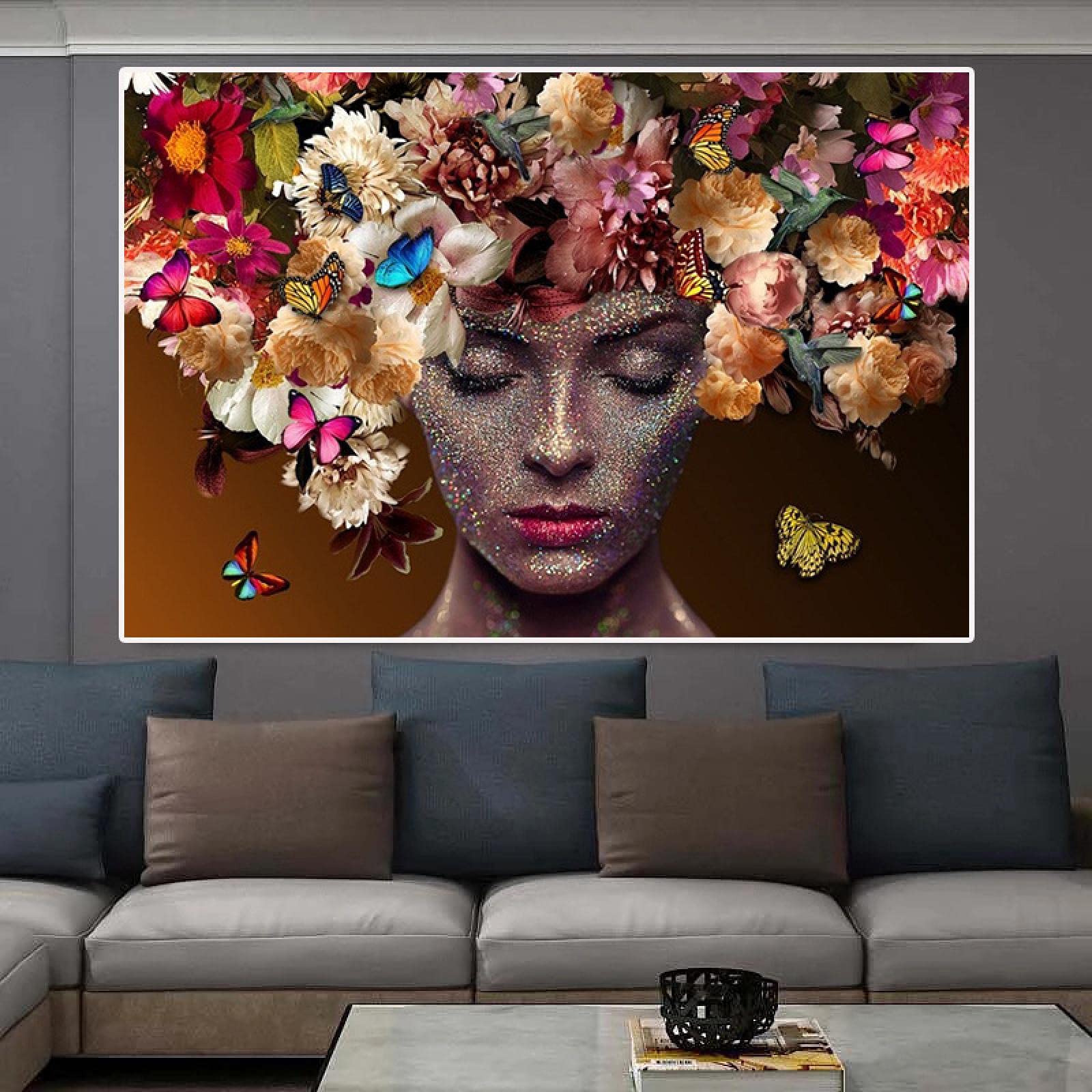Diseño Arte de la pared Arte de la moda Chica negra africana en las flores Carteles de mariposas Impresión en lienzo Pintura Imagen Habitación Decoración para el hogar 75x135cm (30x53in) con marco