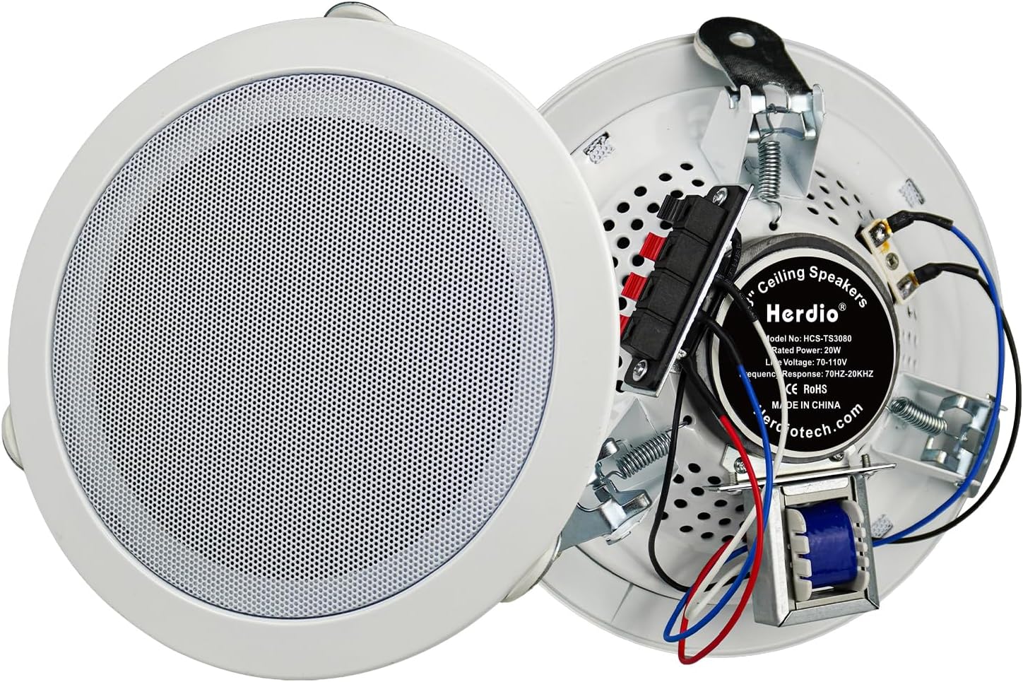 Herdio 8 Inch 70V Commercial Ceiling Speakers, High-Fidelity Audio, Effortless Installation, Wide Sound Coverage, Ideal for Restaurants, Offices and Commercial Spaces (White, 2-Pack)