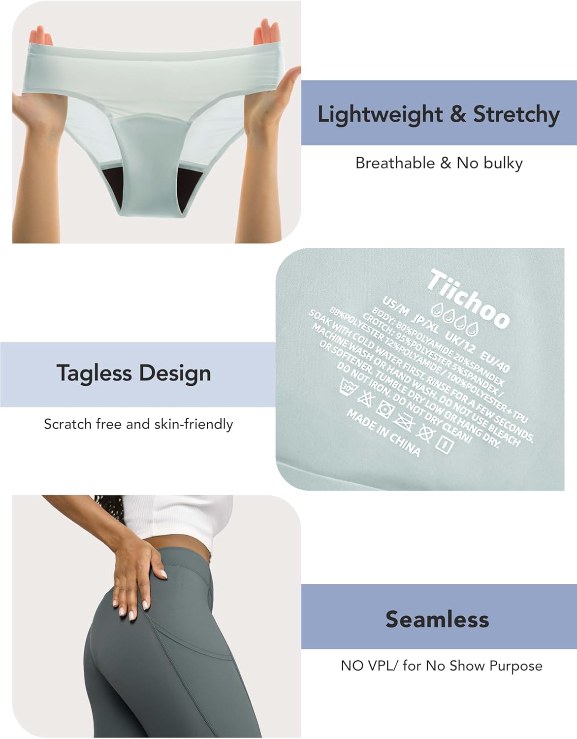 TIICHOO Period Underwear for Women Seamless Period Bikini Regular Absorbency Leakproof Underwear