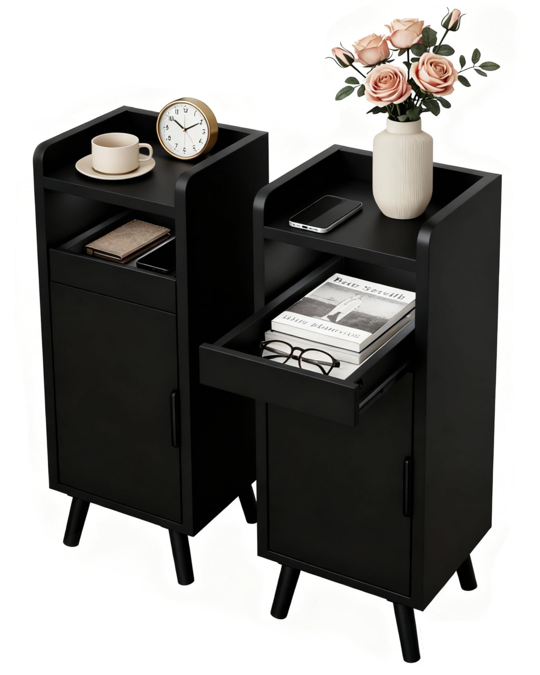 Nachttisch Schmal, Nachttisch 2er Set Schwarz, Kleiner Nachtschrank Holz mit Tür, Beistelltisch mit Ausziehbare Tablett, Nachttischen mit Metallgriff für Schlafzimmer, Wohnzimmer (2, Schwarz)
