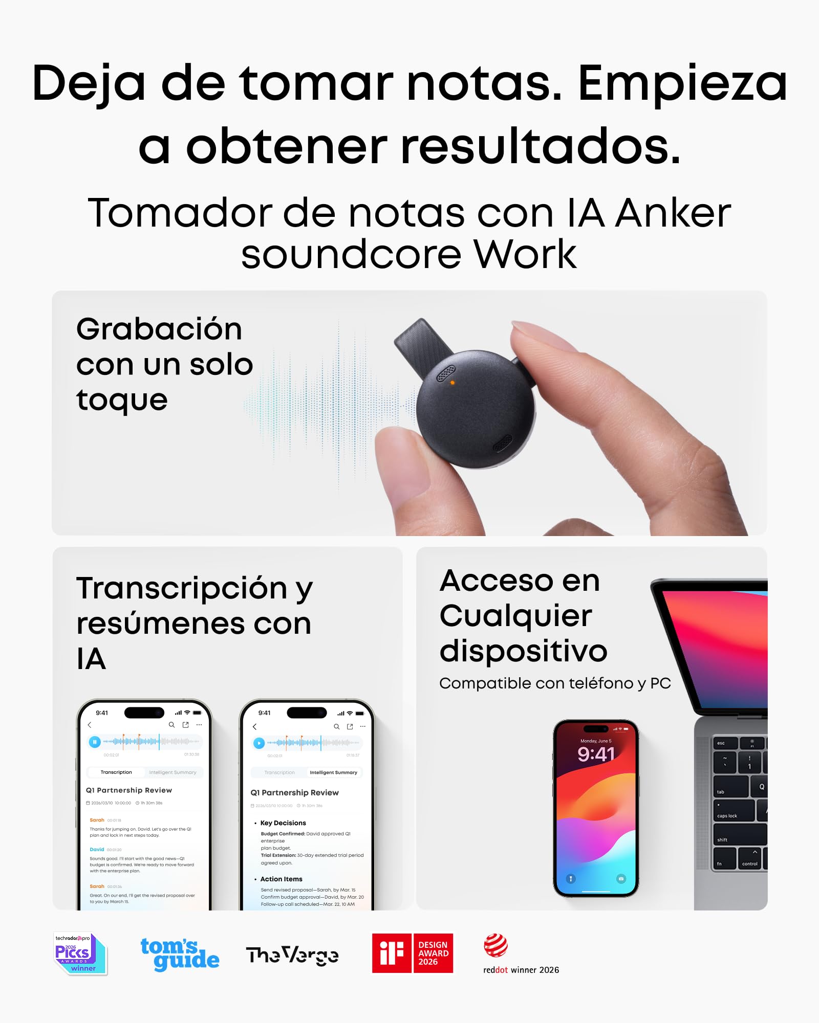 Soundcore Work AI Grabadora de Voz con Transcripción, 64 GB | Dispositivo para Tomar Notas, Resumen en App, 300 min/mes, Certificación MFi y más de 150 Idiomas