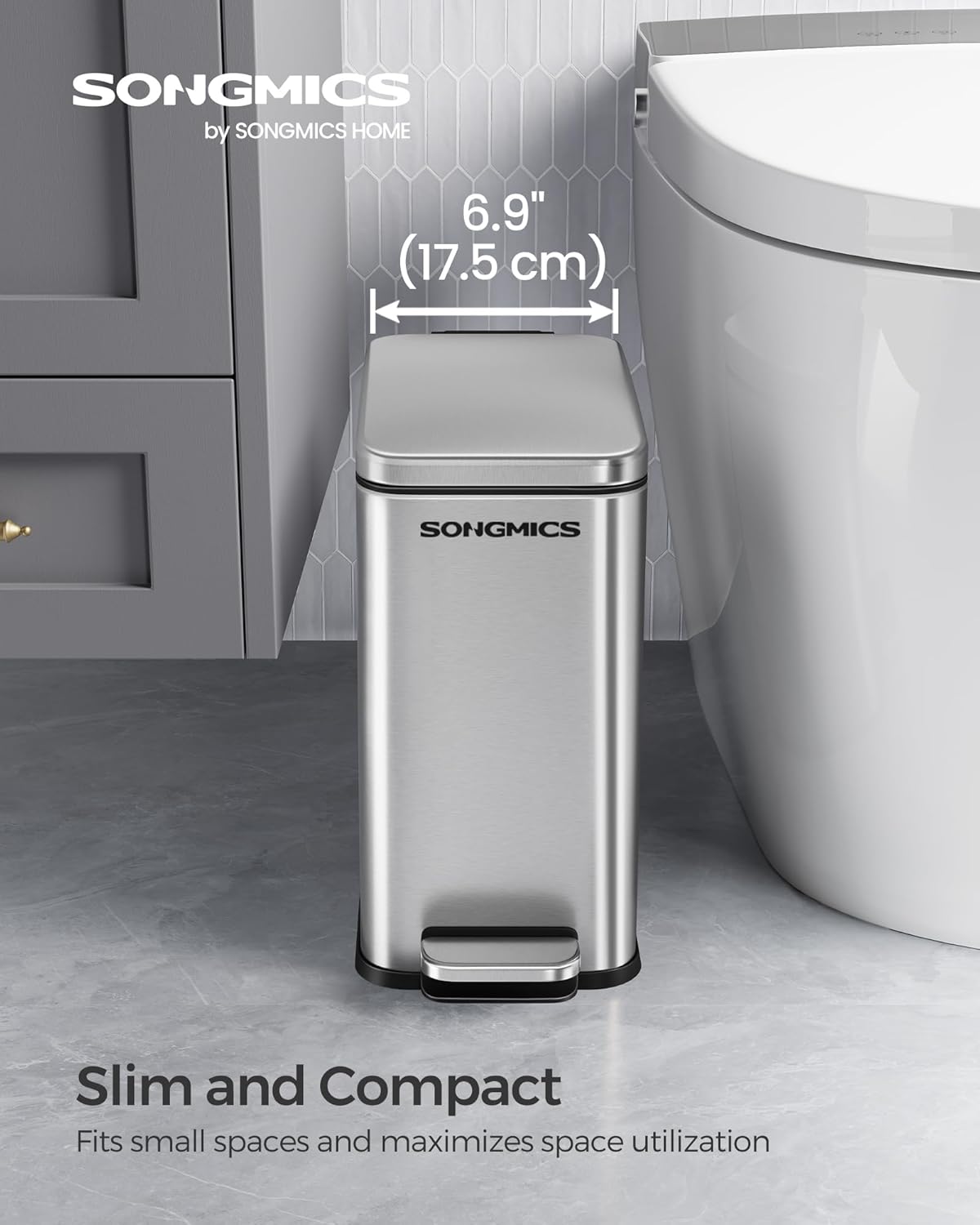 SONGMICS trash can in a bathroom setting, showing its slim profile