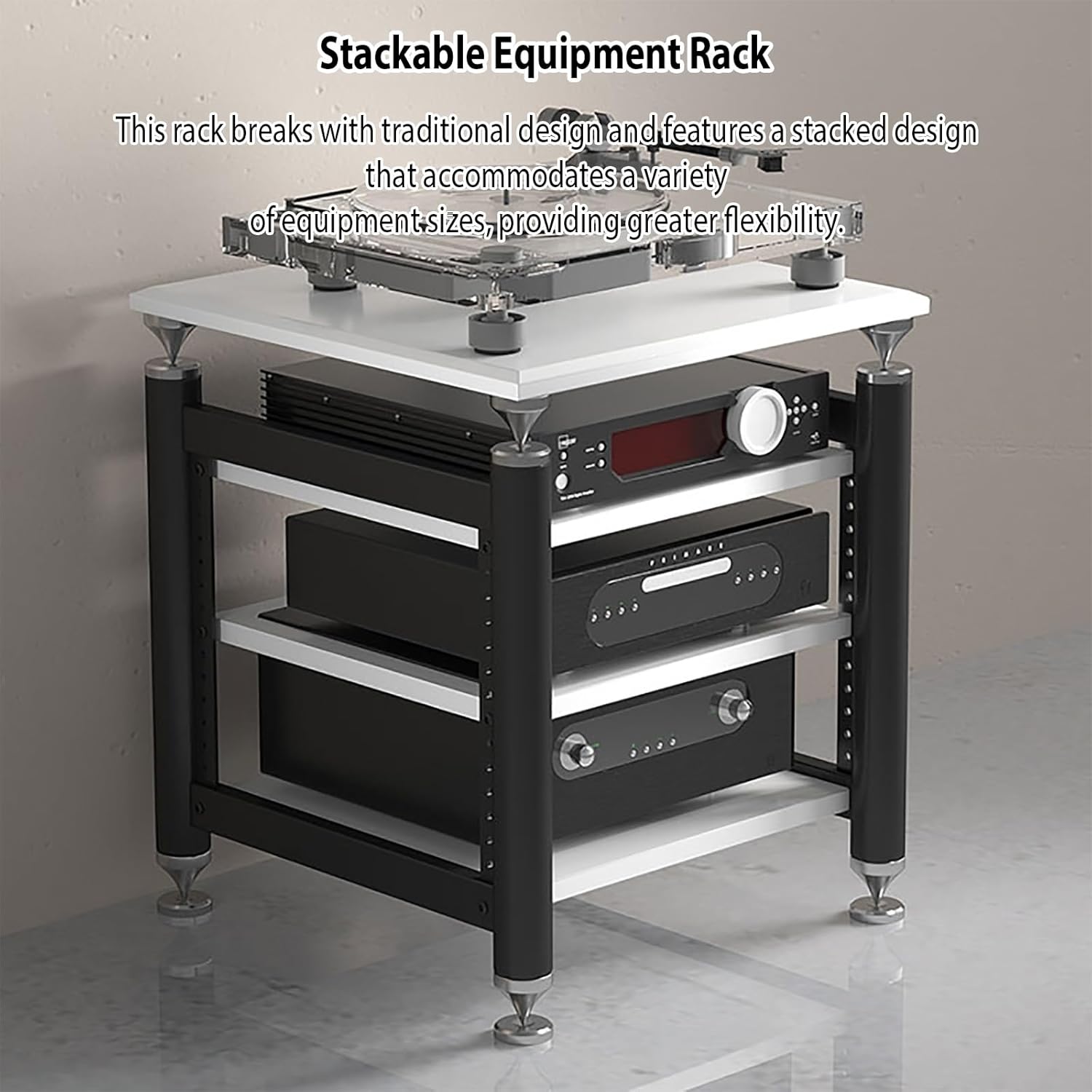 AV Media Stand,Audio Rack Stereo Cabinet,Stereo Stand with Shock-Absorbing Feet,Dvd Stand Storage Tower,record player console cabinet,Audio-video Shelving,Entertainment Stand(White+black,4floor)