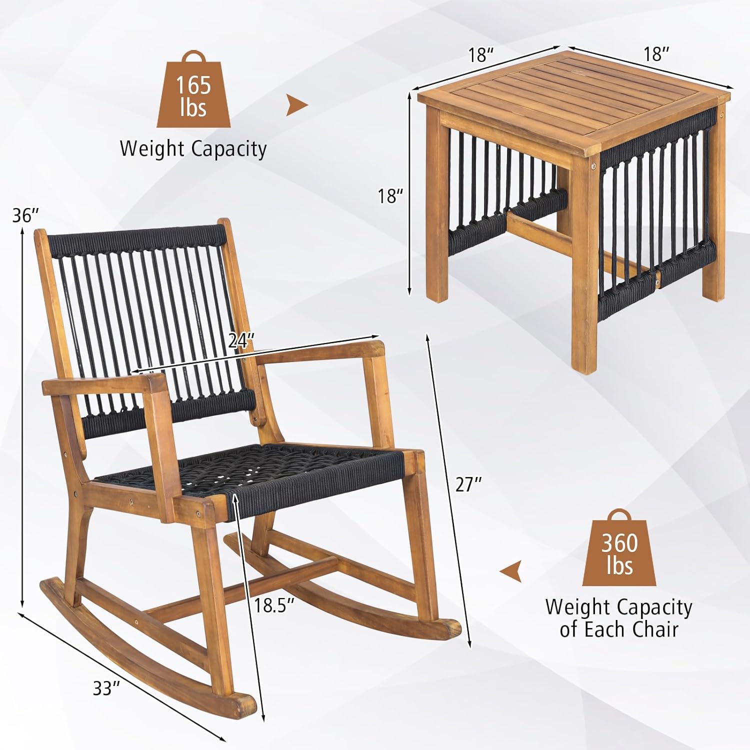 HAPPYGRILL Acacia Wood Rocking Bistro Set, 3 Piece Patio Bistro Set with Coffee Table, All-Weather Wooden Conversation Set Rocker Bistro Outdoor Furniture Set for Porch Poolside Balcony