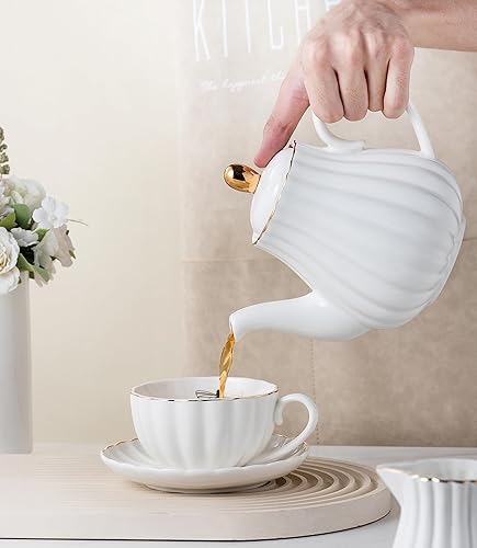 Miniatura 4 de Clay Tonic - Juego de tazas de té y café de porcelana fina blanca de 8 oz, tazas y platillos, con tetera, azucarero, jarra para crema, cucharadas y