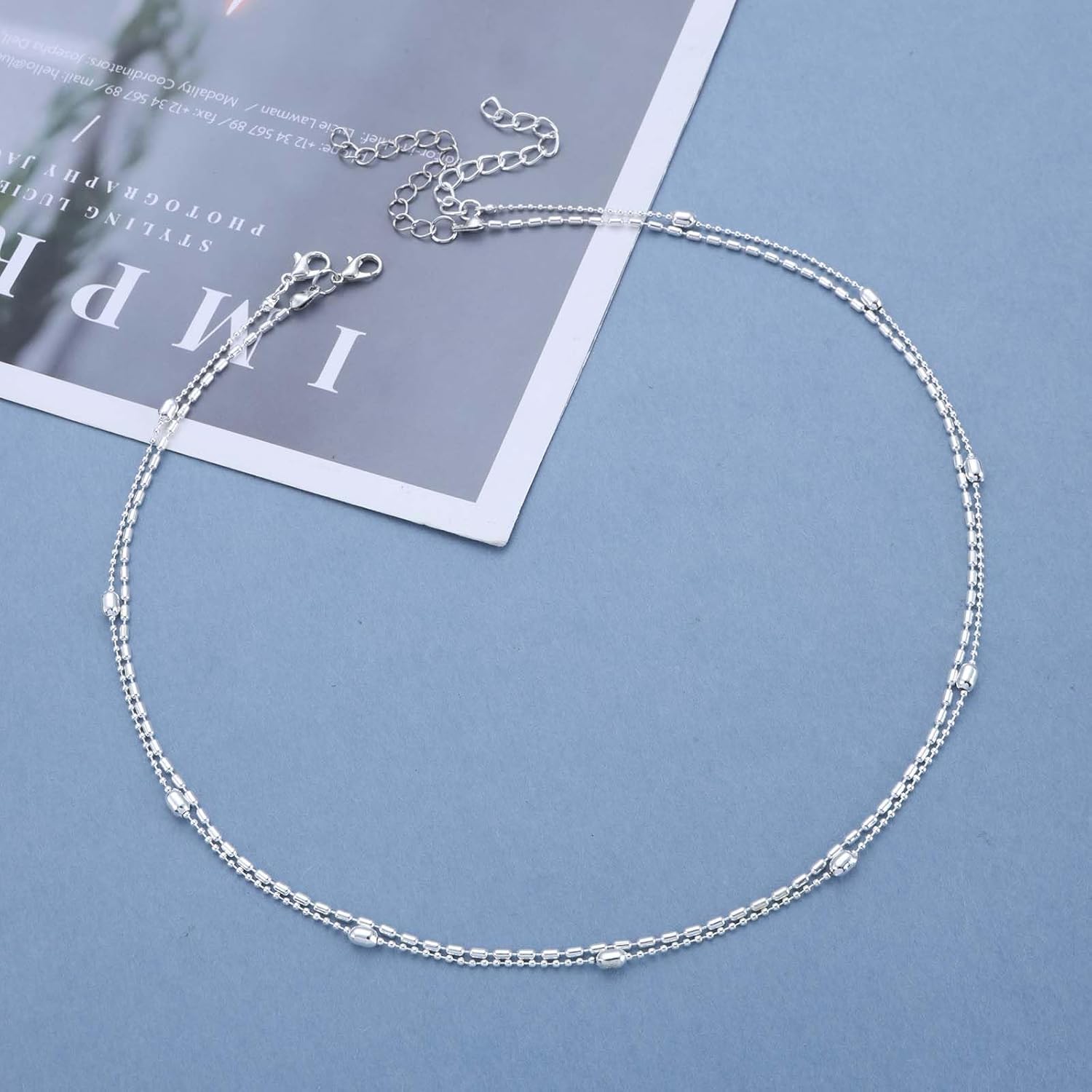 Boho Silver Layered Choker Necklace Layered Satellite Chain Necklace Rice Beaded Choker Necklace Bead Station Collar Necklace Jewelry for Women - Image 3