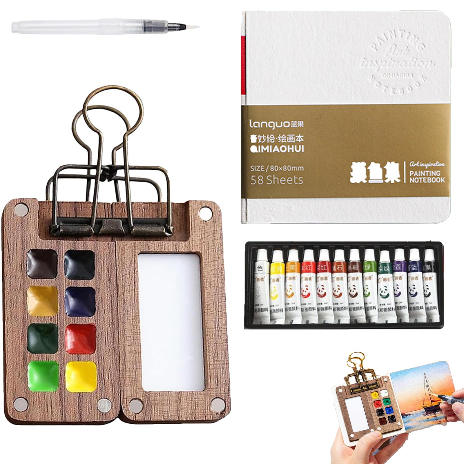 Suction Pocket Artist Watercolour Travel Set - Mini Watercolour Paint Set, Clip Watercolor Pen Gift for Painters and Artists (1 Watercolor Box, 1 Drawing Book, 1 Pen, 1 Box of Paint)
