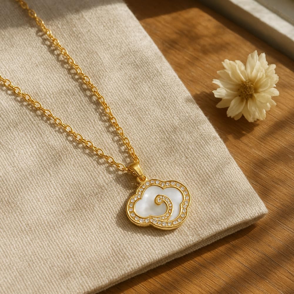 Gold Plated Cloud Charm Necklace for Women, Genuine Shell & Pave CZ Pendent, Dainty Adjustable Copper Chain Jewelry Gift - Image 6