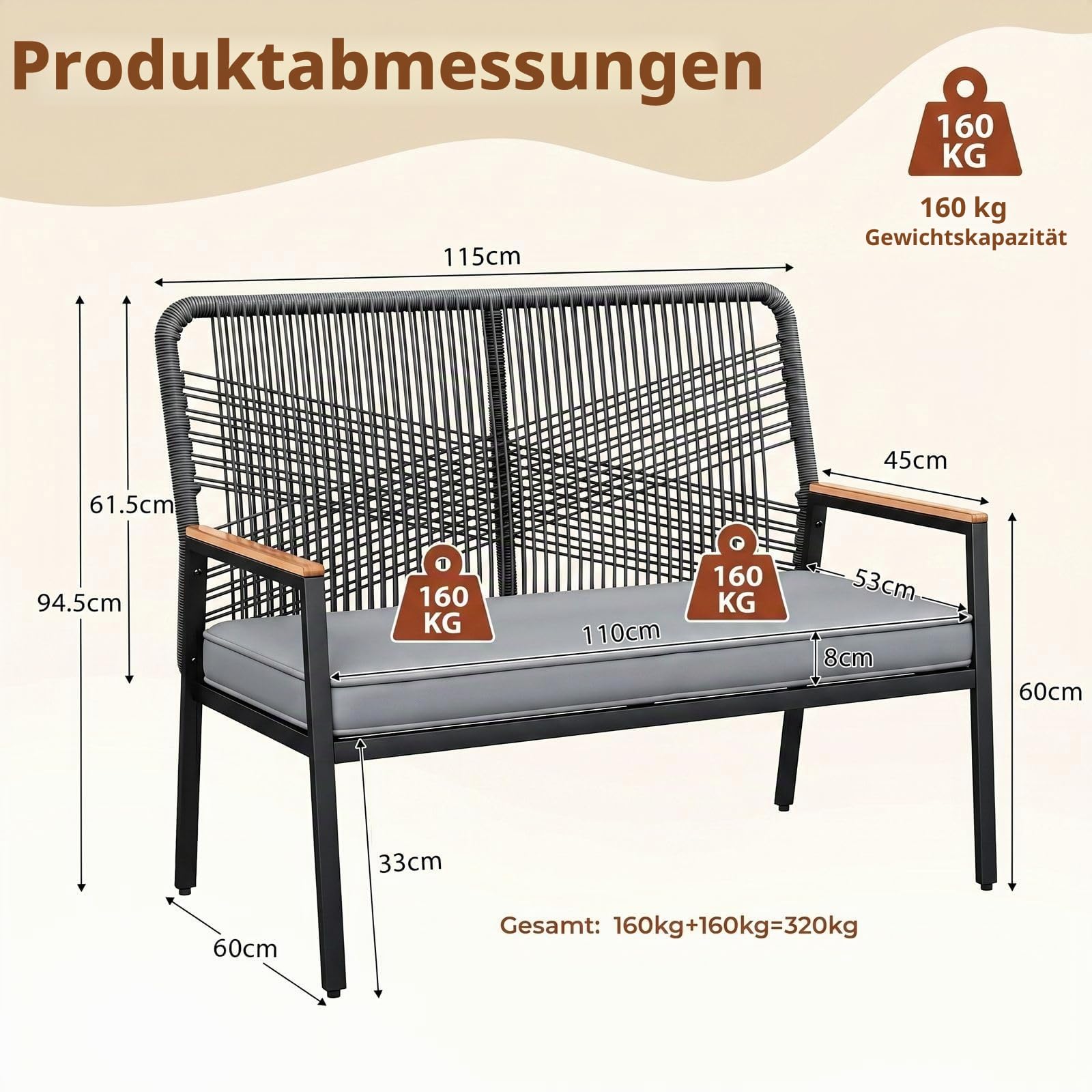 LIFERUN Gartenmöbel Set, Gartenstuhl Rattan Set, mit 2 Rattan Stühlen 1 Gartenbank und Tisch, 4-teiliges Gartenset, Outdoor Balkonmöbel Metall und Rattan, Bis 160 kg, für Terrasse Garten Veranda, grau