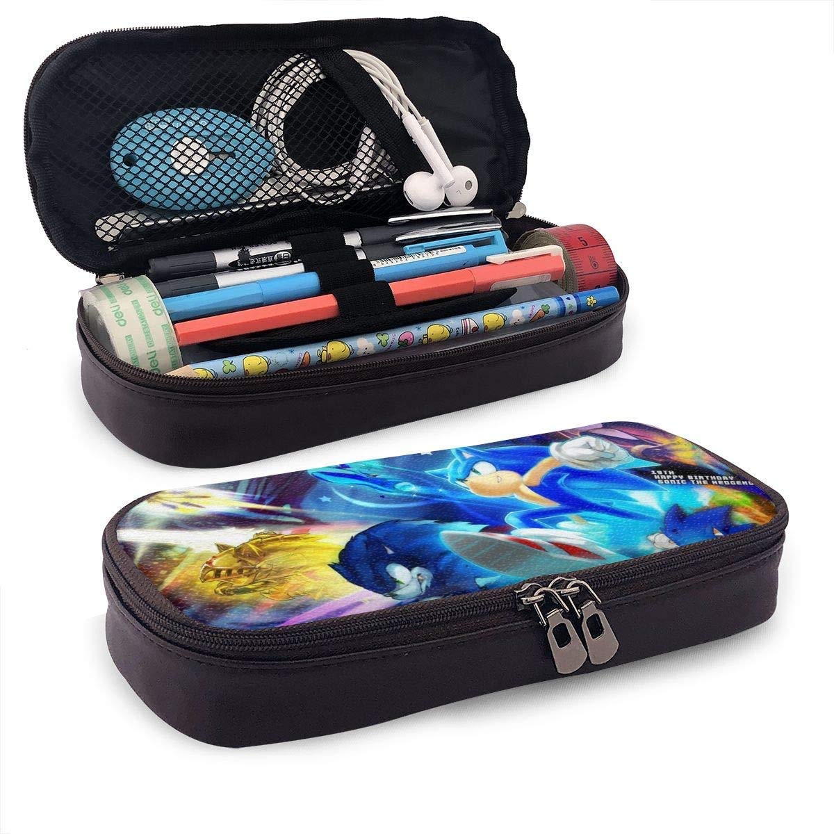 HGdggvd Leather Pencil Case Blue Soni-c The Hedgehog Pen Pouch Stationery Bag Student Portable Storage Kit Cosmetic Box Holder