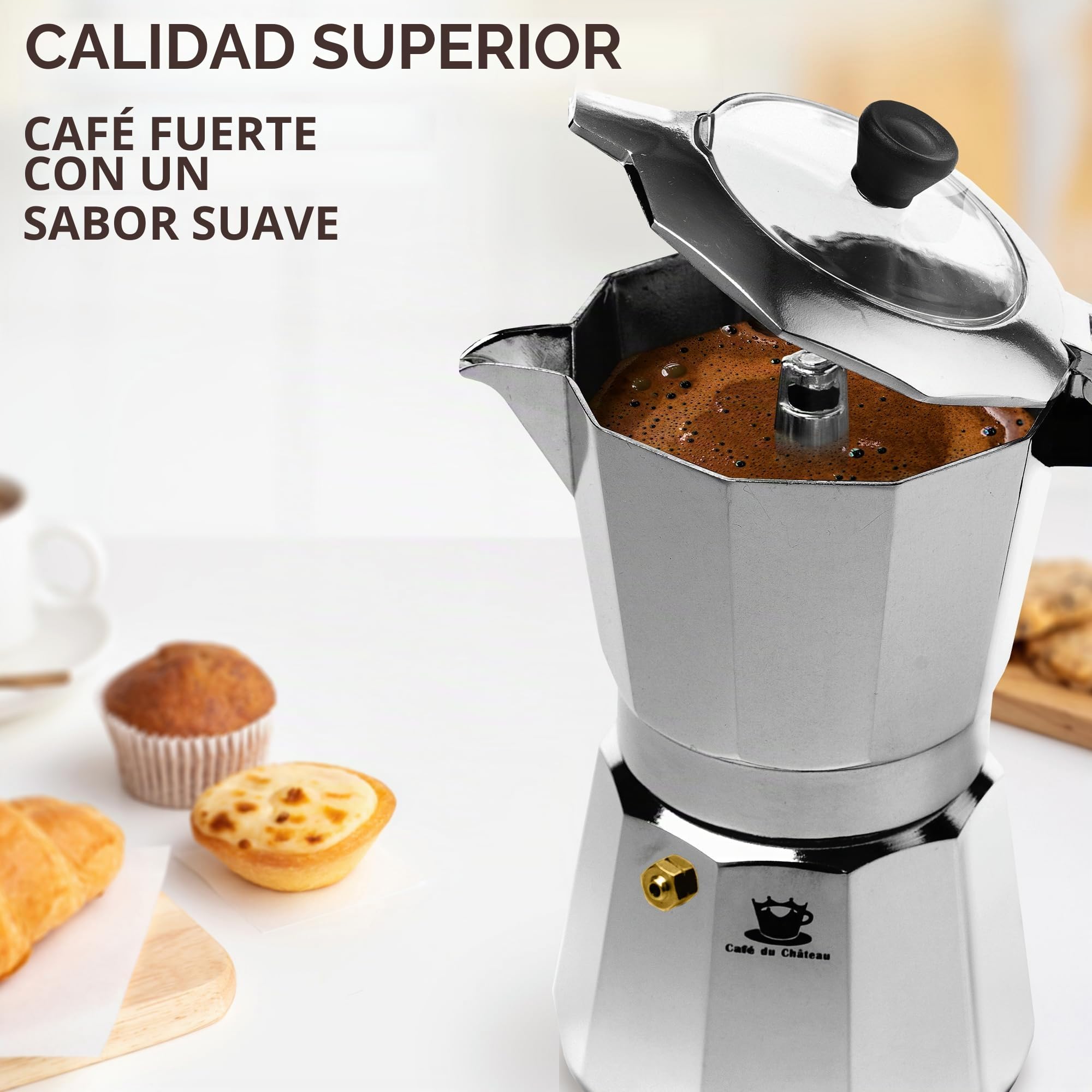 Cafe Du Chateau Cafetera Italiana Induccion de café con tapa transparente, acabado brillante, cuchara de café, 6 tazas y máquina de moca para capuchino, latte