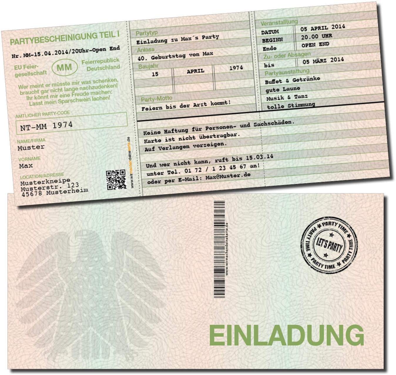Einladung Einladungskarte Geburtstag (50 Stück) Fahrzeugschein individuell