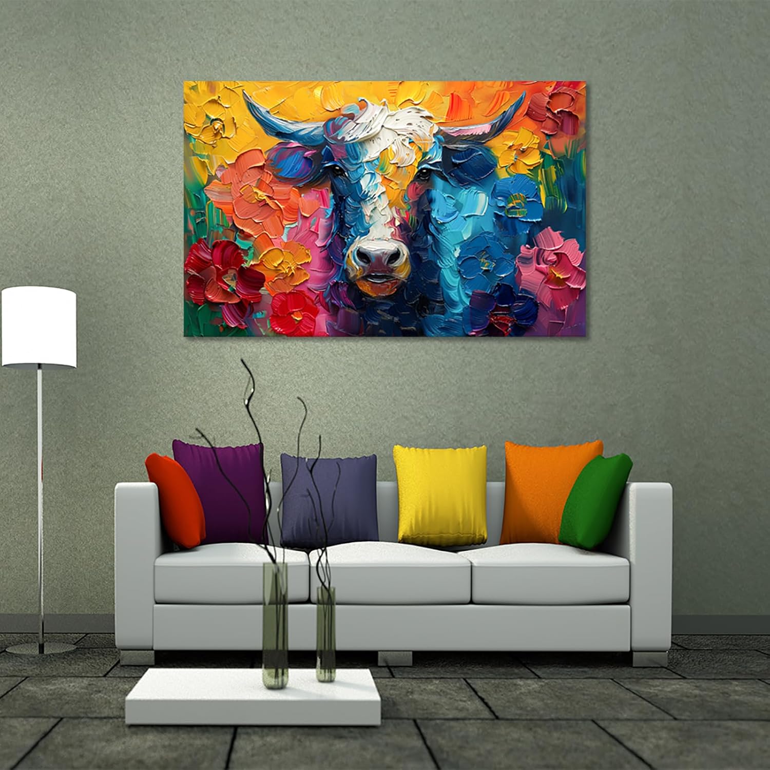 Colorful Cow Picture Wall Art Abstract Animal Oil Painting Highland Cattle Canvas Prints Modern Bathroom Wall Decor Western Country Artwork for Living Room Home Office Kitchen, Framed 28 x 44 in