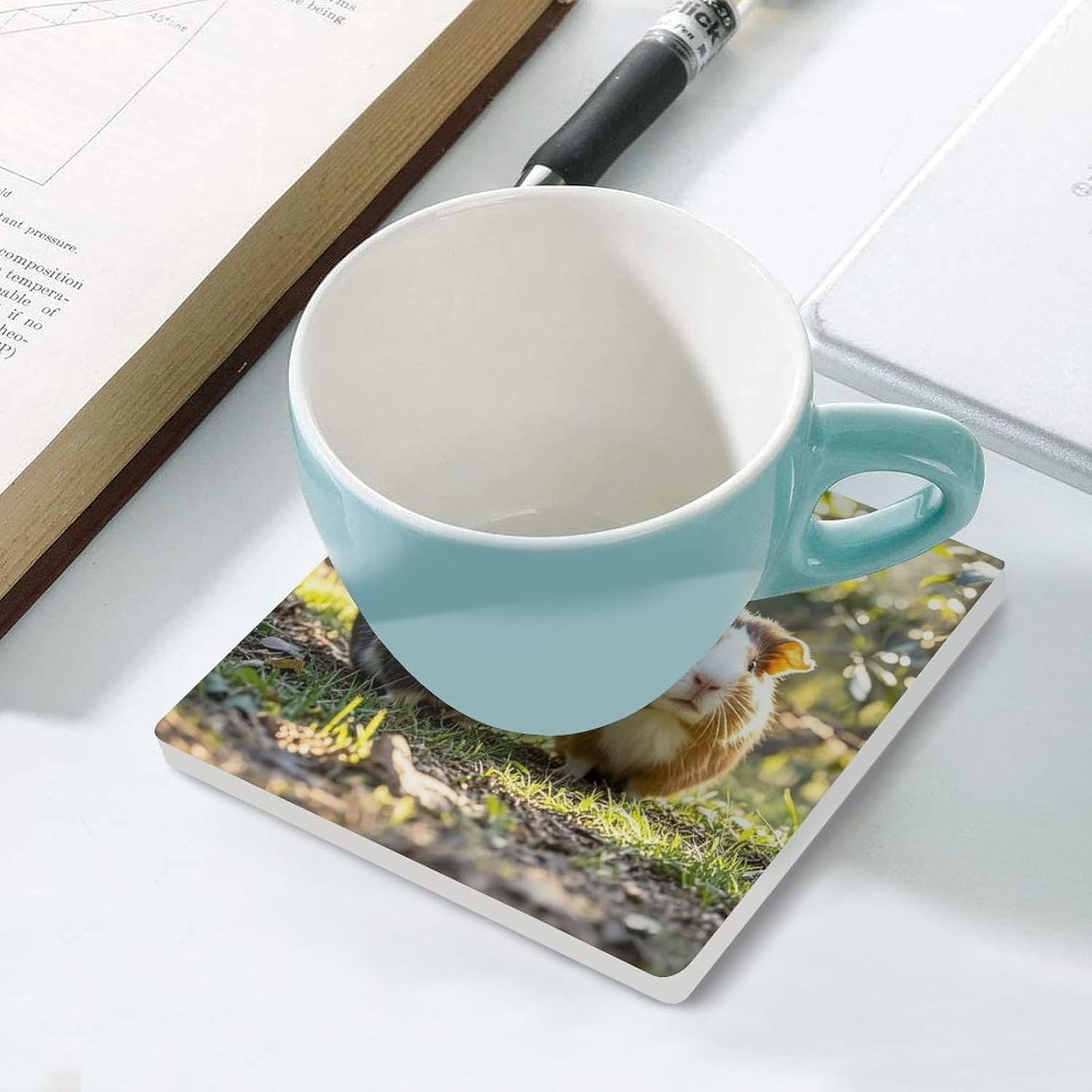 Two Guinea Pigs Hanging Out Coasters Absorbent Ceramic Coasters for Drinks Coaster with Cork Backing for Table Protection Square Drink Cup Mat Modern Style Coaster for Coffee Table