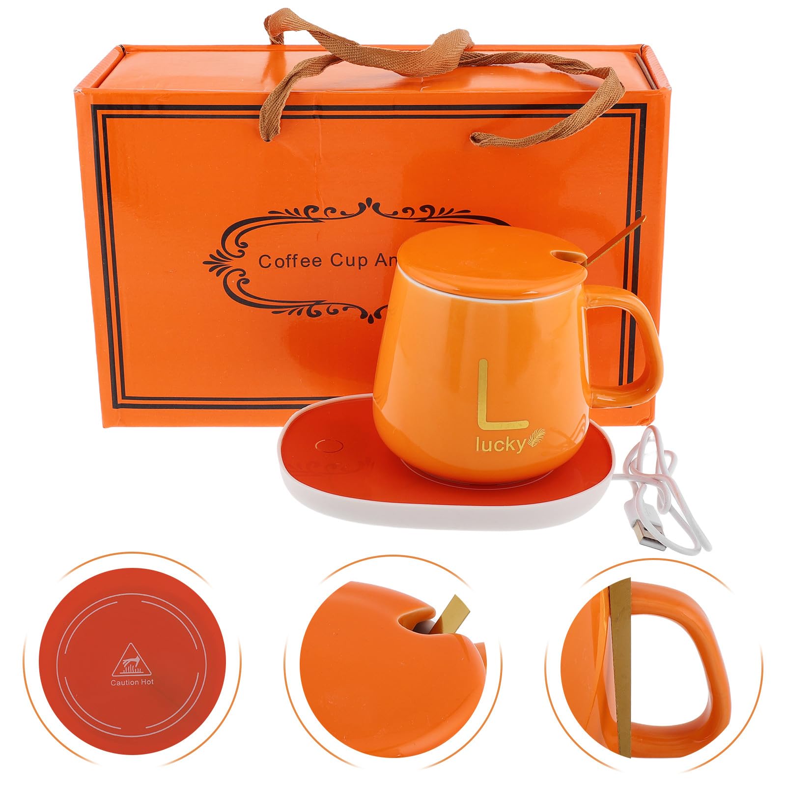 Calentador Eléctrico de Tazas de Cerámica Naranja con Apagado Automático Taza de Viaje Termo USB 5v Mantiene Bebidas Calientes para Café Té y Chocolate Adecuado Obsequio para