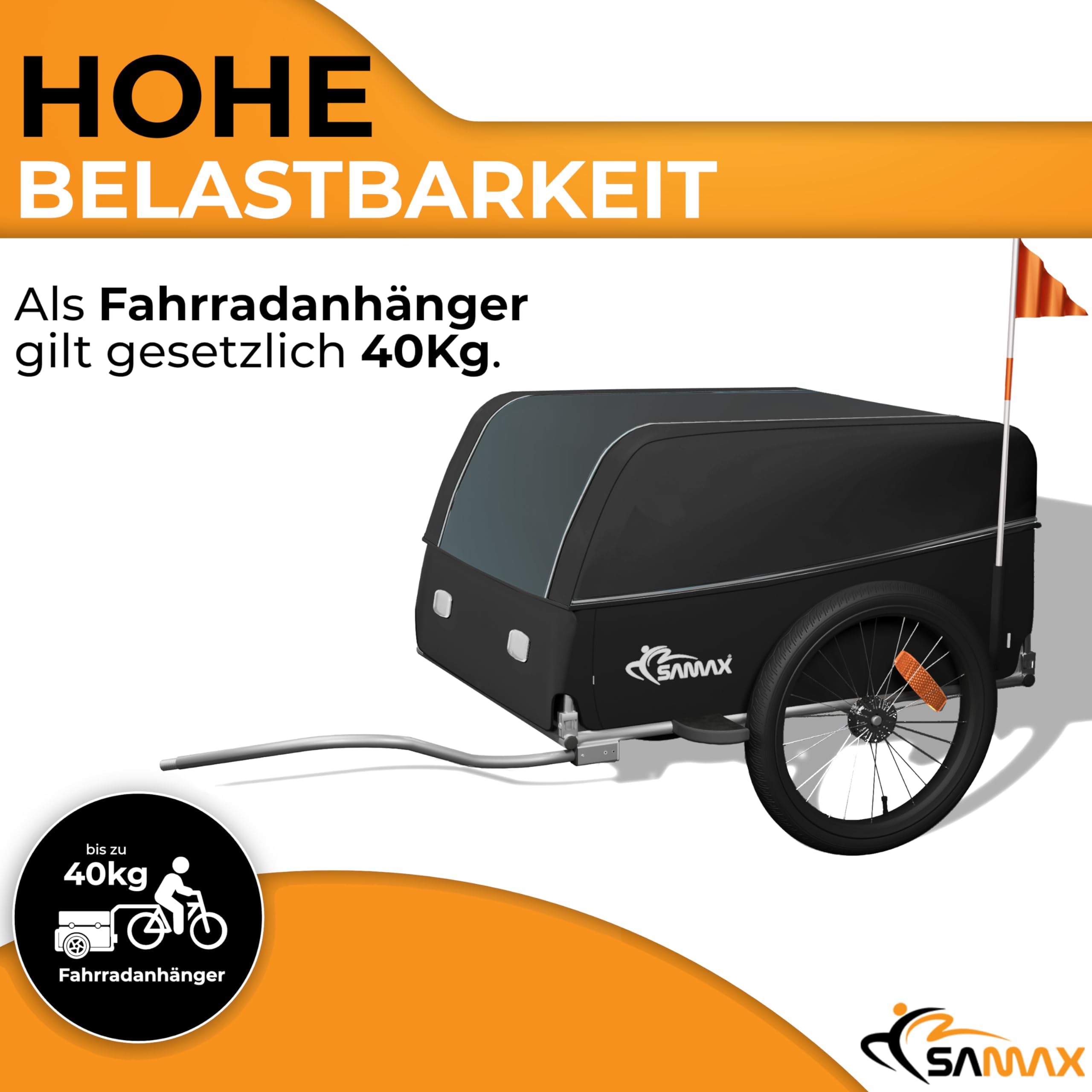 SAMAX Transportanhänger Fahrradanhänger Lastenanhänger Fahrrad Anhänger - mit Kupplung - 40 Kg / 120 Liter - Grey & Color Edition