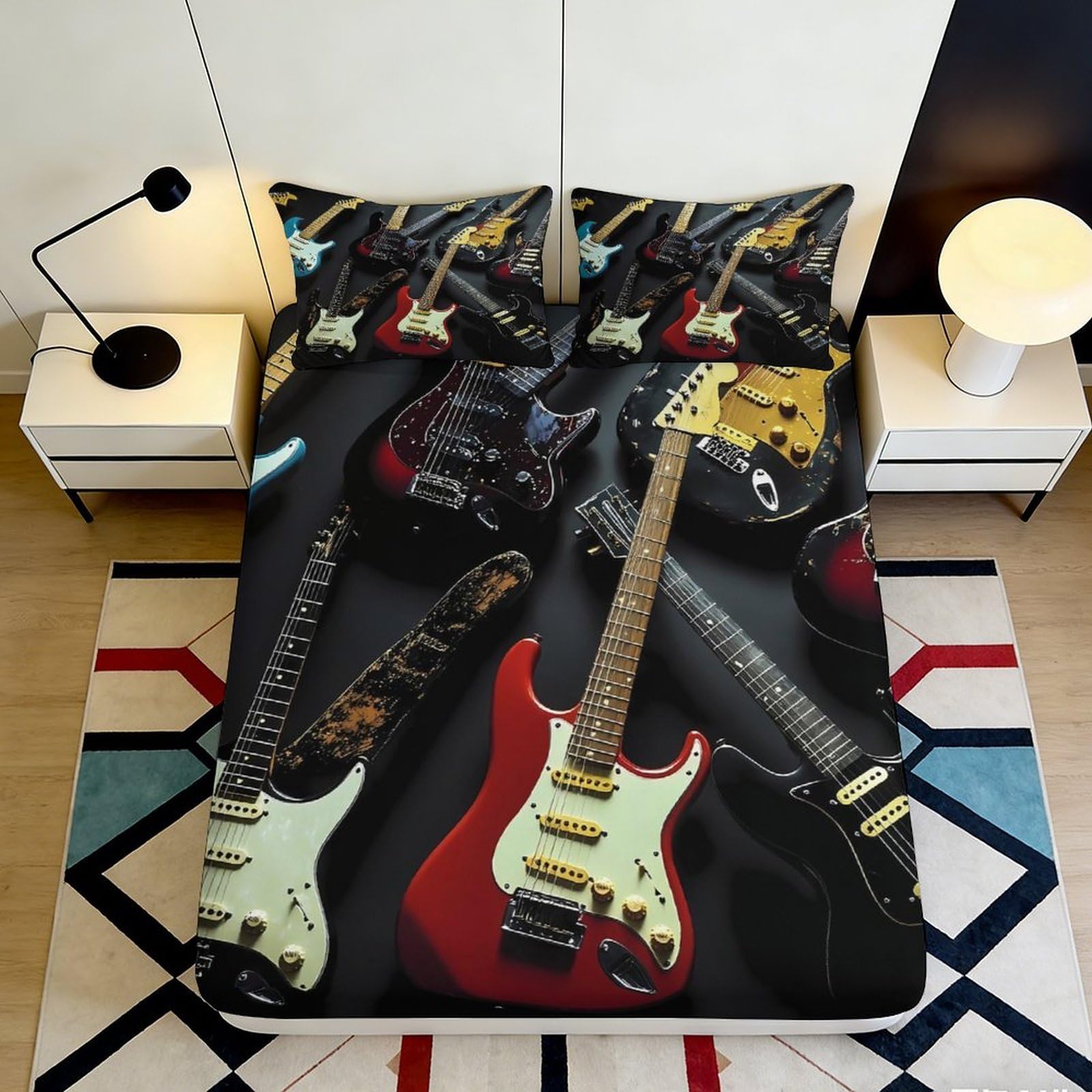 3D Printed Electric Guitar Fitted Sheet Microfiber Soft Breathable Vintage Music Bed Cover for Bedroom Dorm Mattress Decor 180x200x25cm