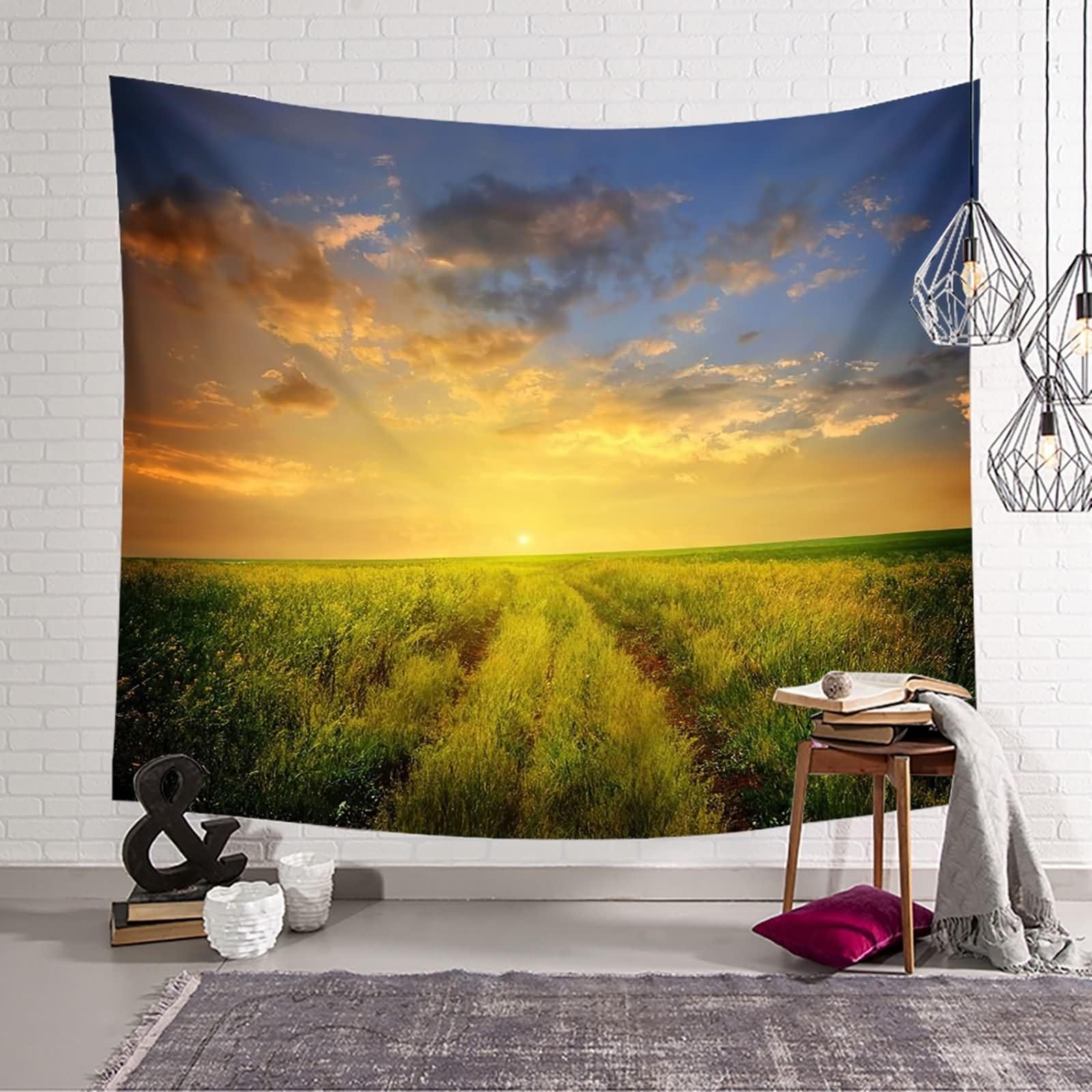 Homxi Tapiz Decorativo Sofá 260 x 240 CM,Paisaje de Césped y Atardecer Poliester Tapices de Pared Dormitorio Amarillo Verde