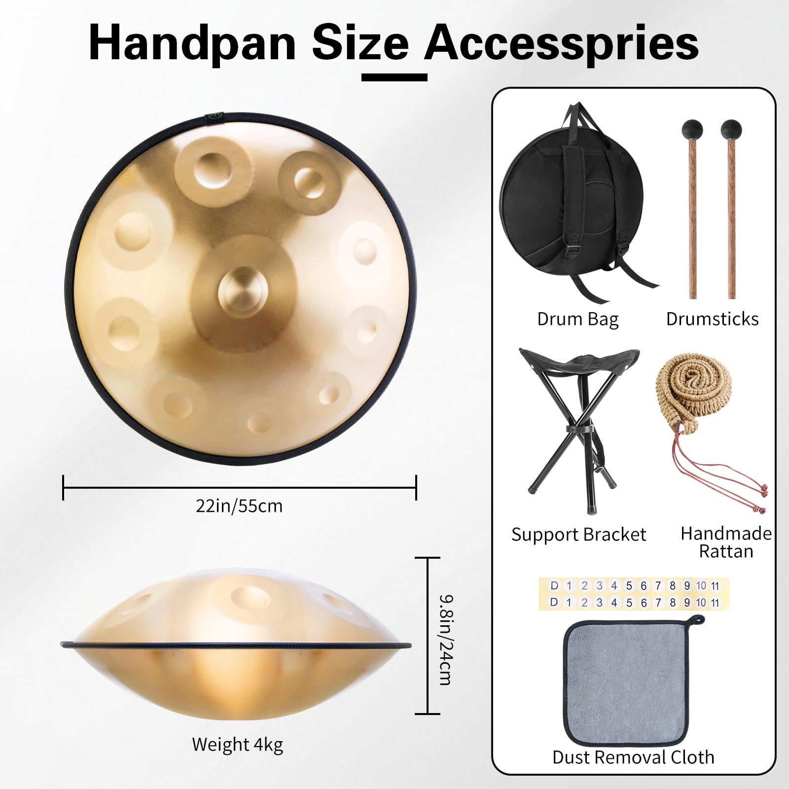 Handpan, strumento da 22 pollici, 10 note, 432 Hz, Hand Pan, Handpan Drum in Re minore, con borsa per tamburo, bacchette, supporto Steel Pan, per principianti, professionisti, musicoterapia