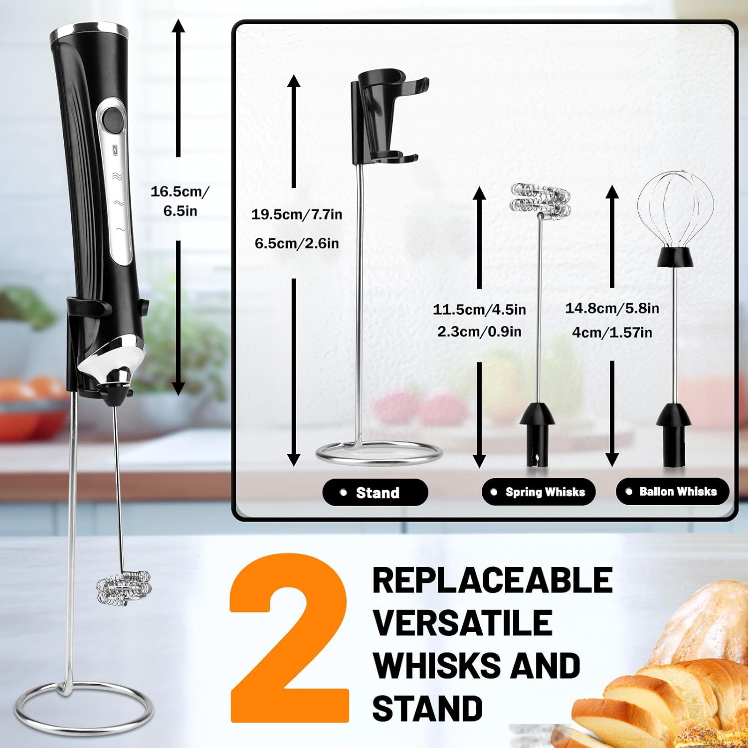 TonJin Milk Frother USB C Rechargeable New Upgraded Handheld Frother Wand with 2 304 Stainless Whisks 1 Stand, 3 Speeds Electric Coffee Whisk Frother for Lattes, Cappuccino, Egg, Matcha, Black image 4