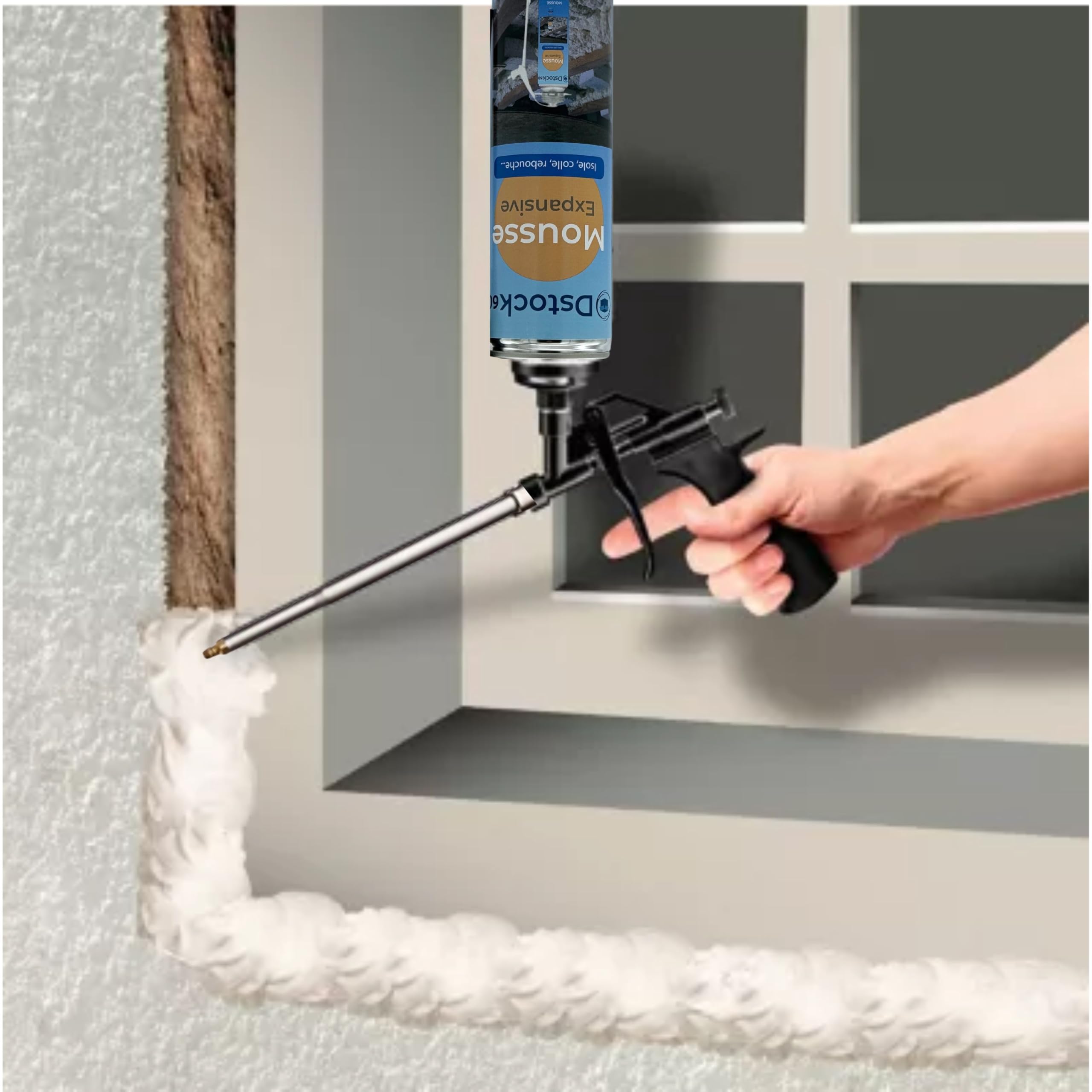 DSTOCK60 - Mousses expansives manuelles et pistolables 750 ML + 1 Nettoyant Mousse + 1 Pistolet - Mousse polyuréthane Professionnelle - Isole, Colle et rebouche - Extérieur et intérieur