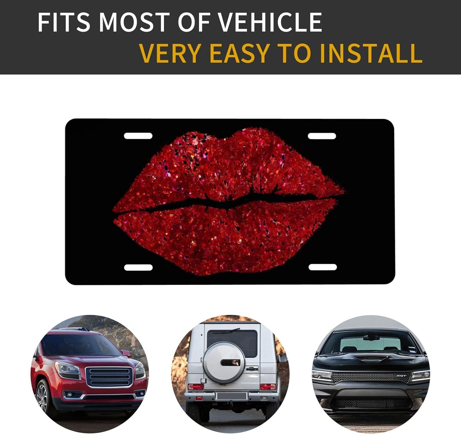 Red Glitter Lips Front License Plate Aluminum Decorative License Plates Funny Metal Car Plate Novelty Vanity Tag Cover 6"X12" Car Decor Accessory with 4 Holes for Men Women