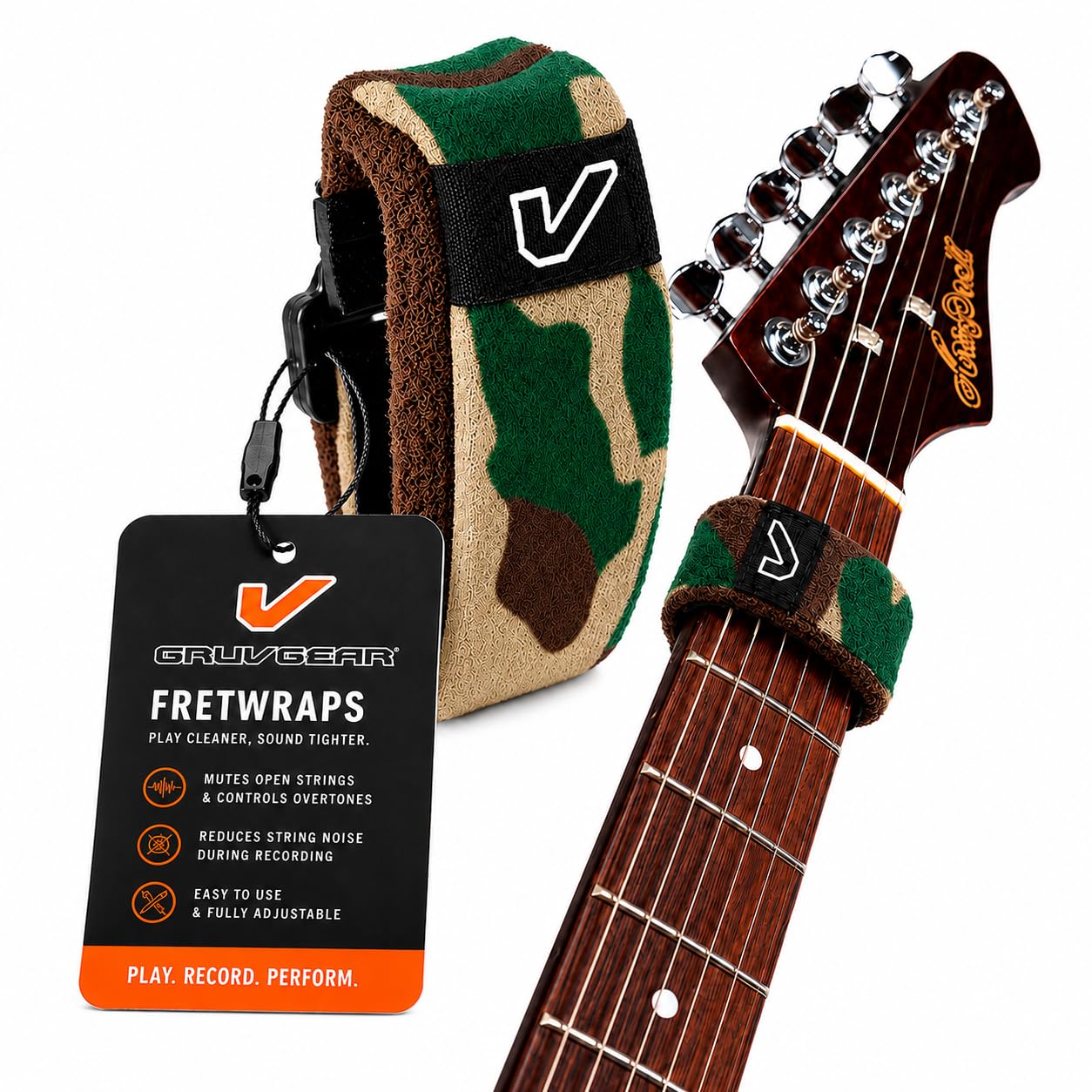 Gruv Gear Fret Wrap &amp; Guitar Mute, Fretwrap for Acoustic, Electric &amp; Bass | String Dampener Recording, Tapping &amp; Practice Accessory (1 Pack, Medium Camo Green, Fits 5 String Bass, 7 String Guitar)