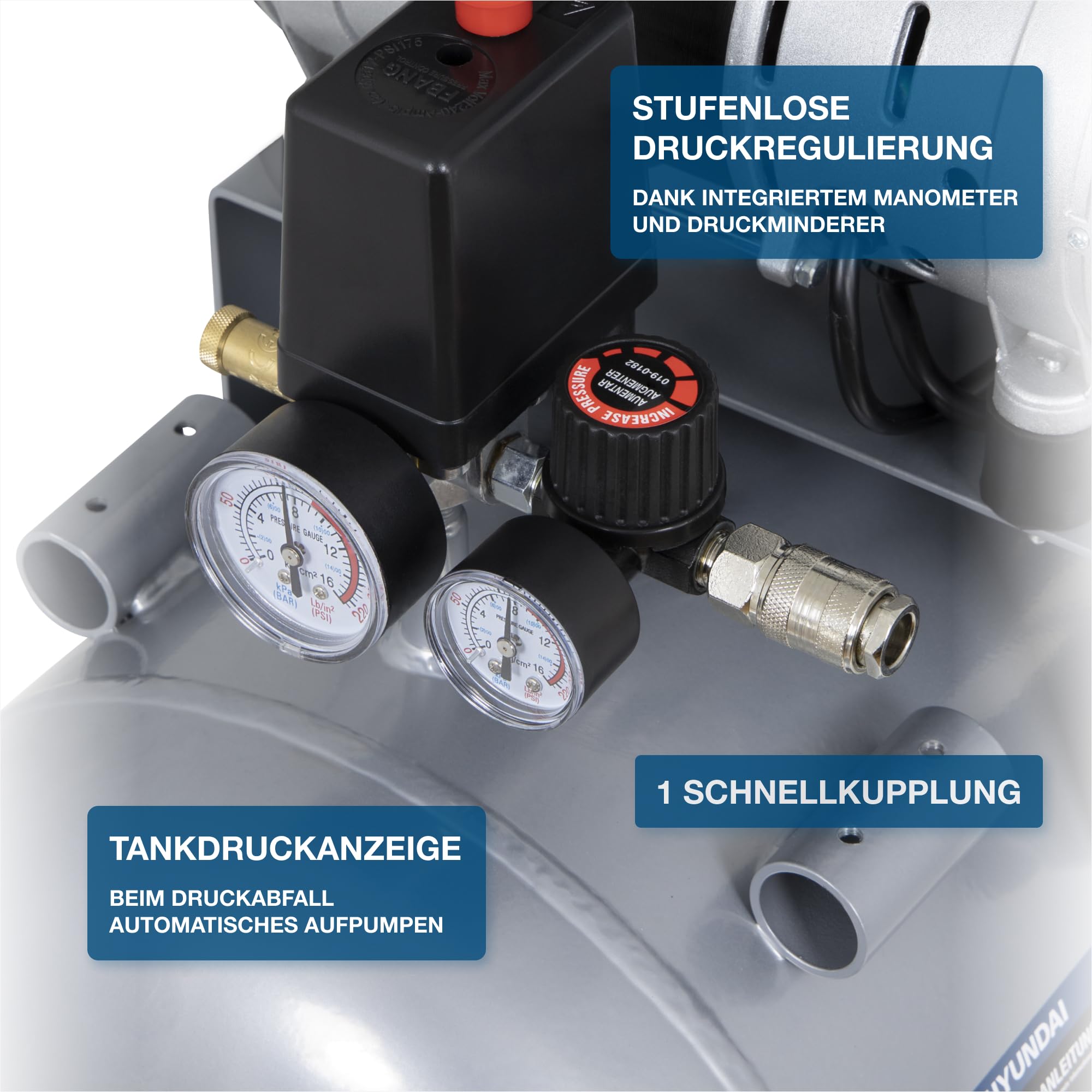 HYUNDAI Silent Kompressor SAC22050 | 50L Kessel | 2.2kW (3PS), 9bar | 384 L/Min Ansaugleistung | Luftkompressor leise, ölfrei | 1 Anschluss | geräuscharmer Flüsterkompressor | mit Zubehör