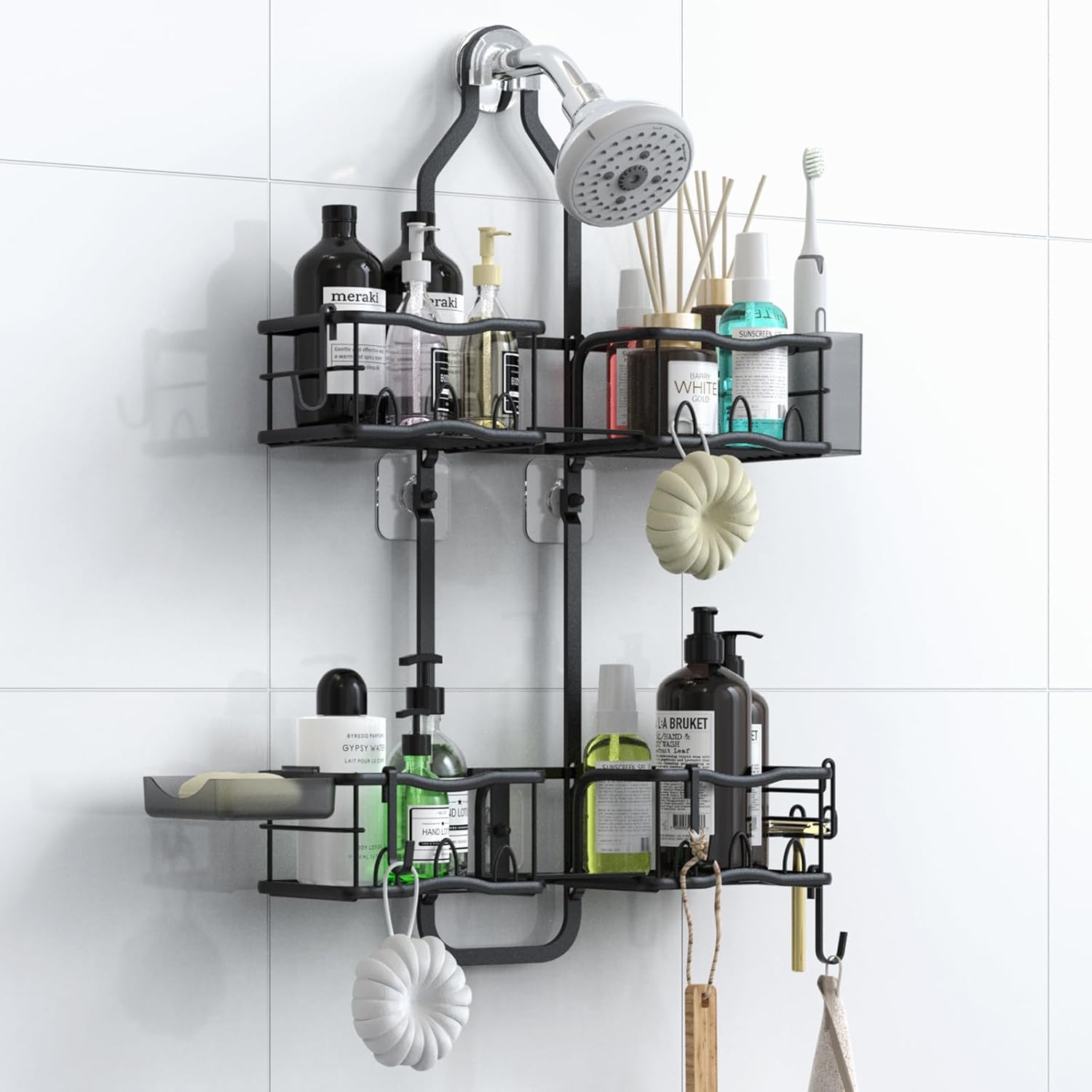 Shower Caddy Hanging Organizer, Rustproof Over Shower Head Caddy Holder with Hooks for Razor/Sponge, No Drilling Bathroom Racks Bath Storage Shelves for Shampoo Soap Towels, Black