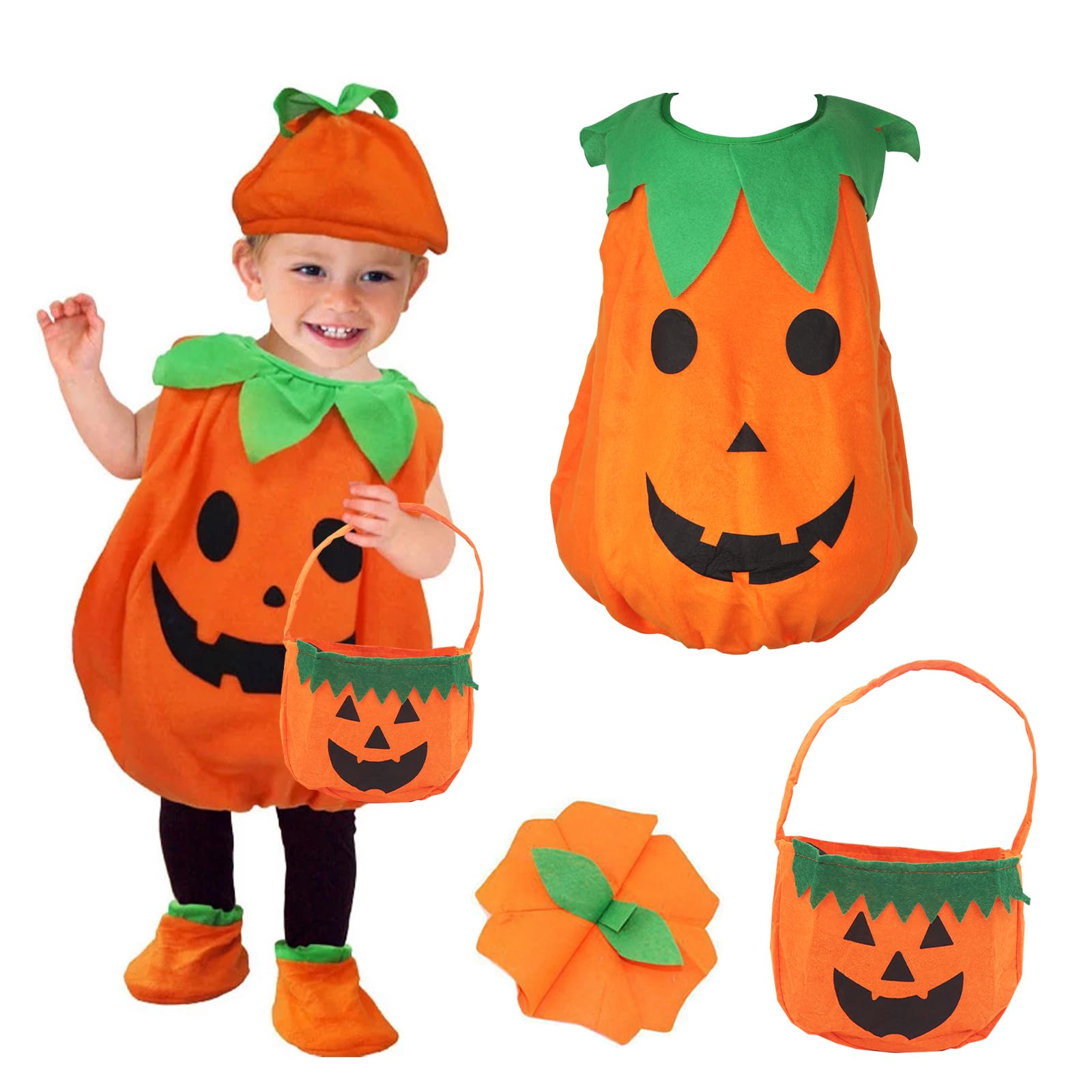 Celebration Directre Halloween Pumpkin Costume for Kids Pumpkin Outfits Cosplay Festival Fancy Dress Pumpkin Outfit with Pumpkin Hat Candy Bag Shoes for Baby Boys Girls (S)
