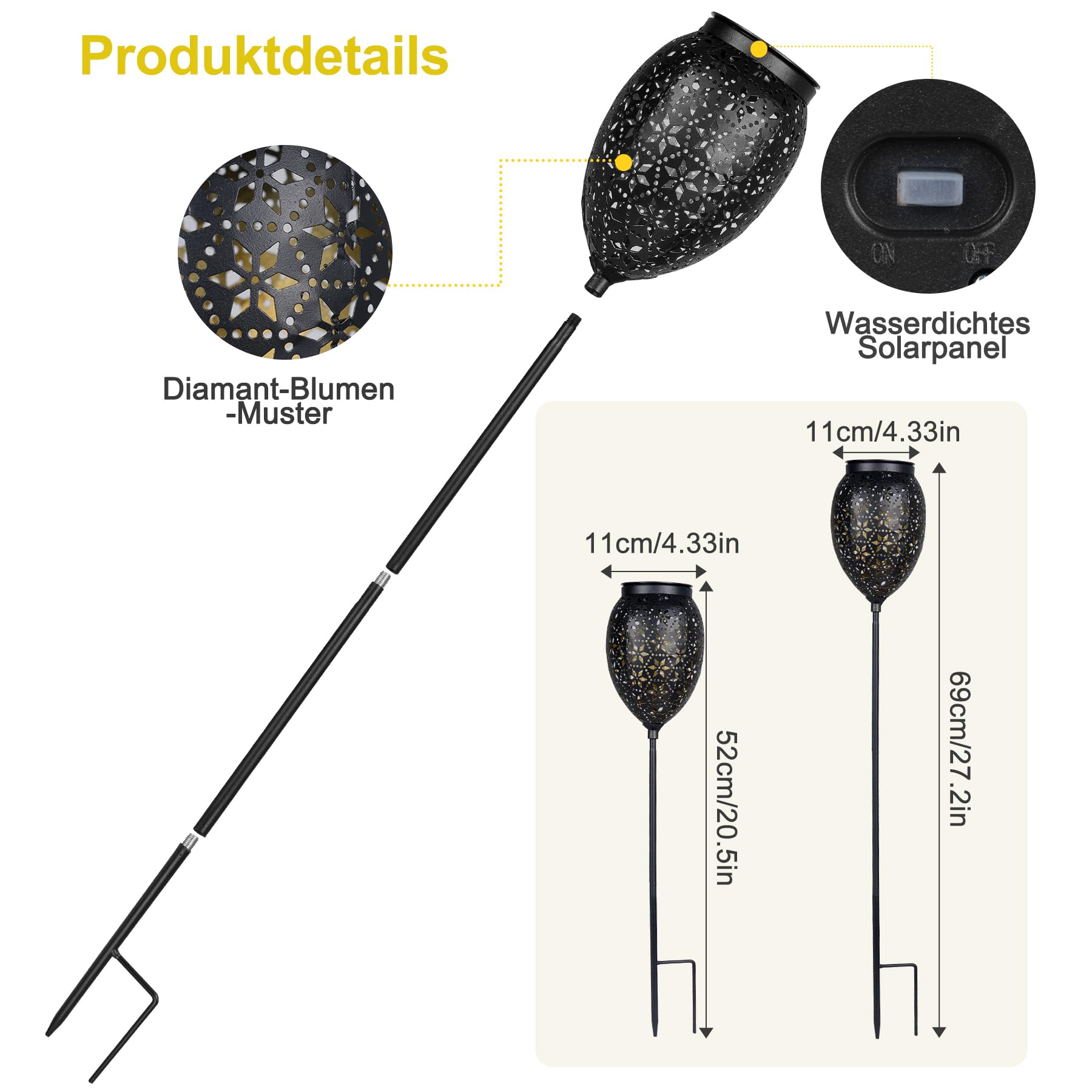 Garten Solarleuchten für Außen Metall 6 Stück, LED Solarlampen für Außen Garten IP65 Wetterfest, Höhenverstellbar Solar Gartenleuchten für Außen Vintage für Weihnachten Weg Terassen Balkon Deko