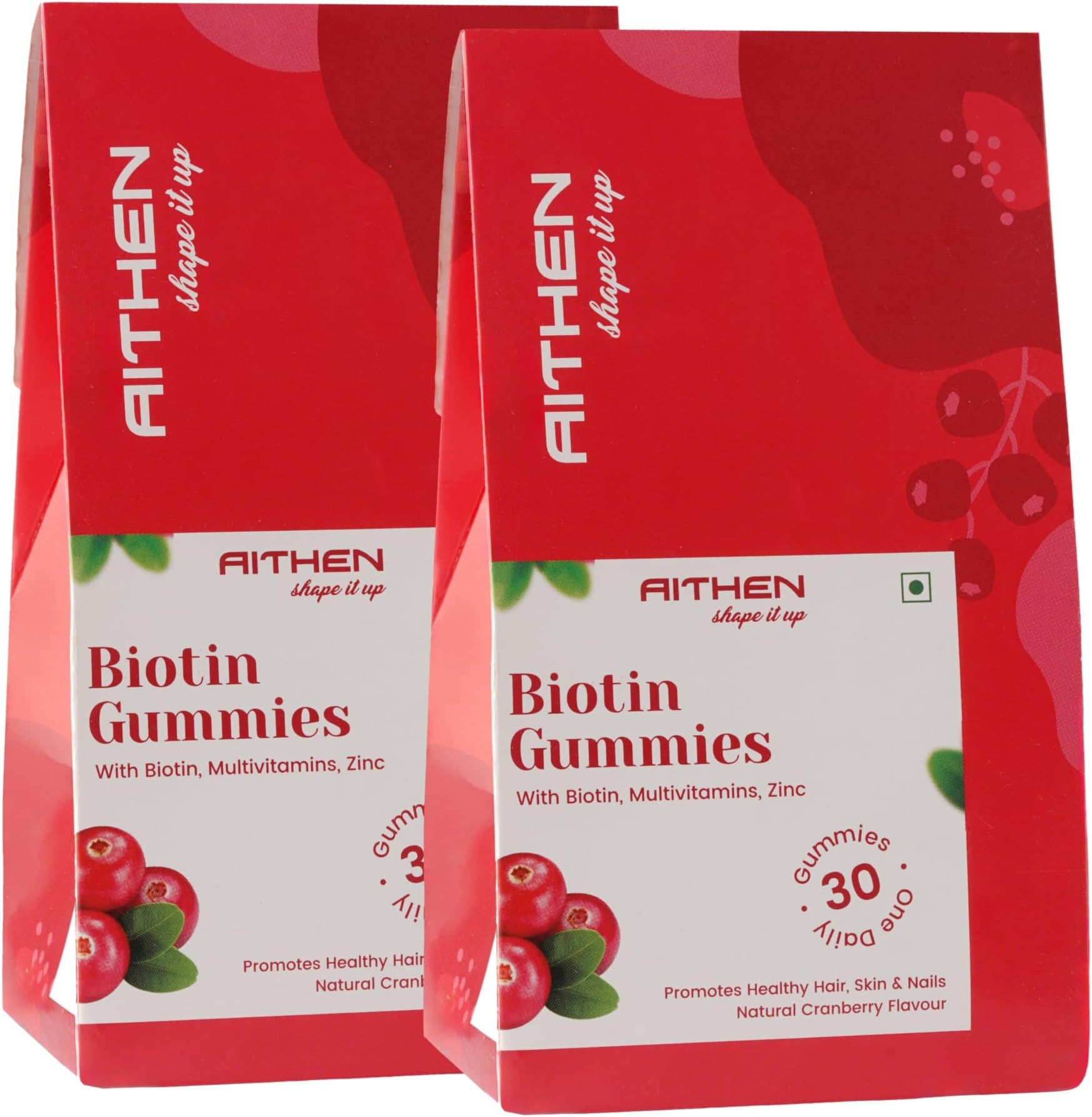 AITHEN Biotin Hair Gummies | For Stronger, Shinier Hair & Nails | 60 Day Pack | Enriched With High Potency Biotin, Zinc, Folic Acid & Multivitamins | Cranberry Flavour