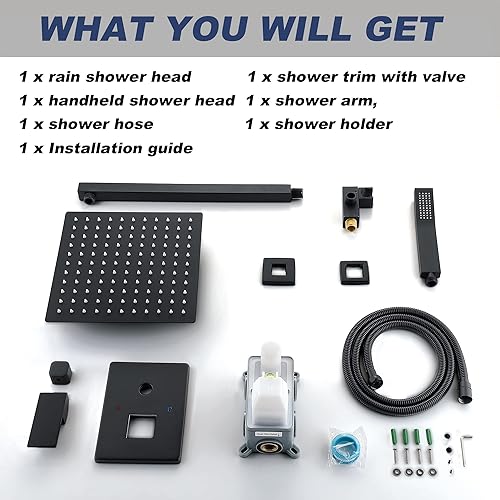 Miniatura 7 de DMDMBATH Sistema de ducha negro mate con cabezal de ducha de lluvia de 10 pulgadas, juego de grifos de ducha de alta presión, juego completo de