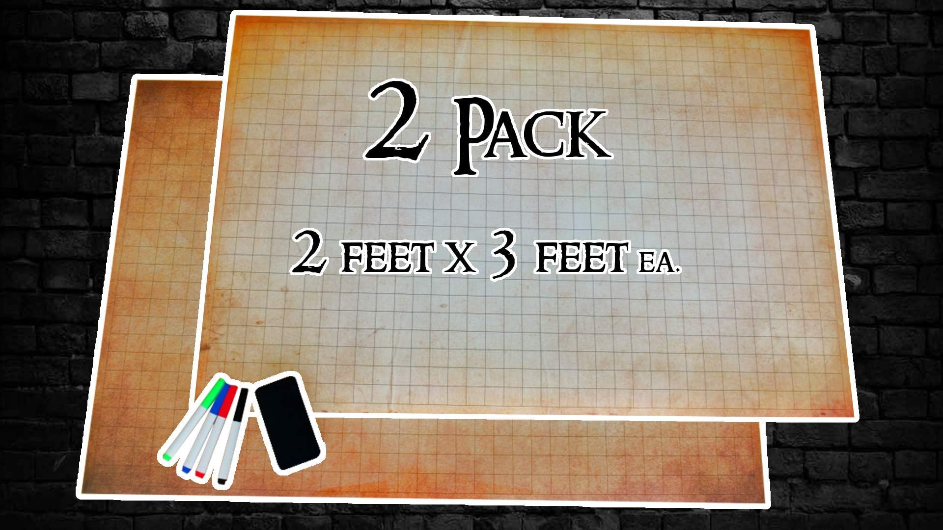 RPG Gaming Battle Mat | 2 Pack 24” x 36” with 1” Grid System | Includes 4 Colored Markers and Eraser | Great for Dungeons and Dragons (DND) Games | Tabletop Grid Board