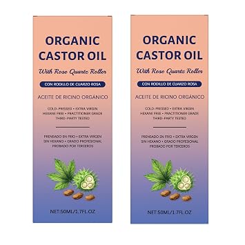 2 Pcs Organic Castor Oil with Rose Quartz Roller, 100% Pure Cold-Pressed Castor Oil for Hair Growth, Eyelashes, Eyebrows & Moisturizes Skin Care,Hexane-Free.