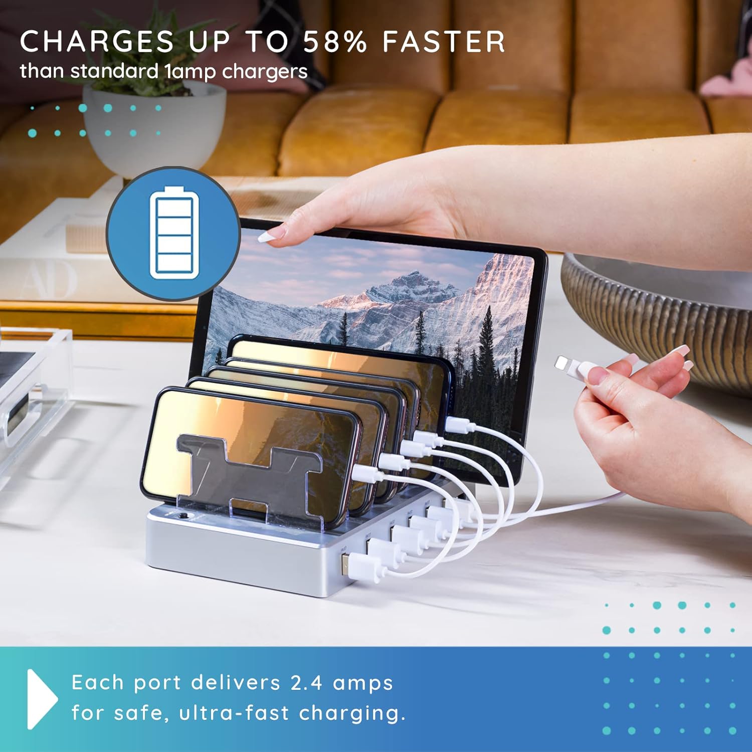Hercules Tuff Charging Station for Multiple Devices, with 6 USB Fast Ports, Compatible with Cell Phones, Smart Phones, Tablets, and Other Electronics (Silver) : Cell Phones & Accessories