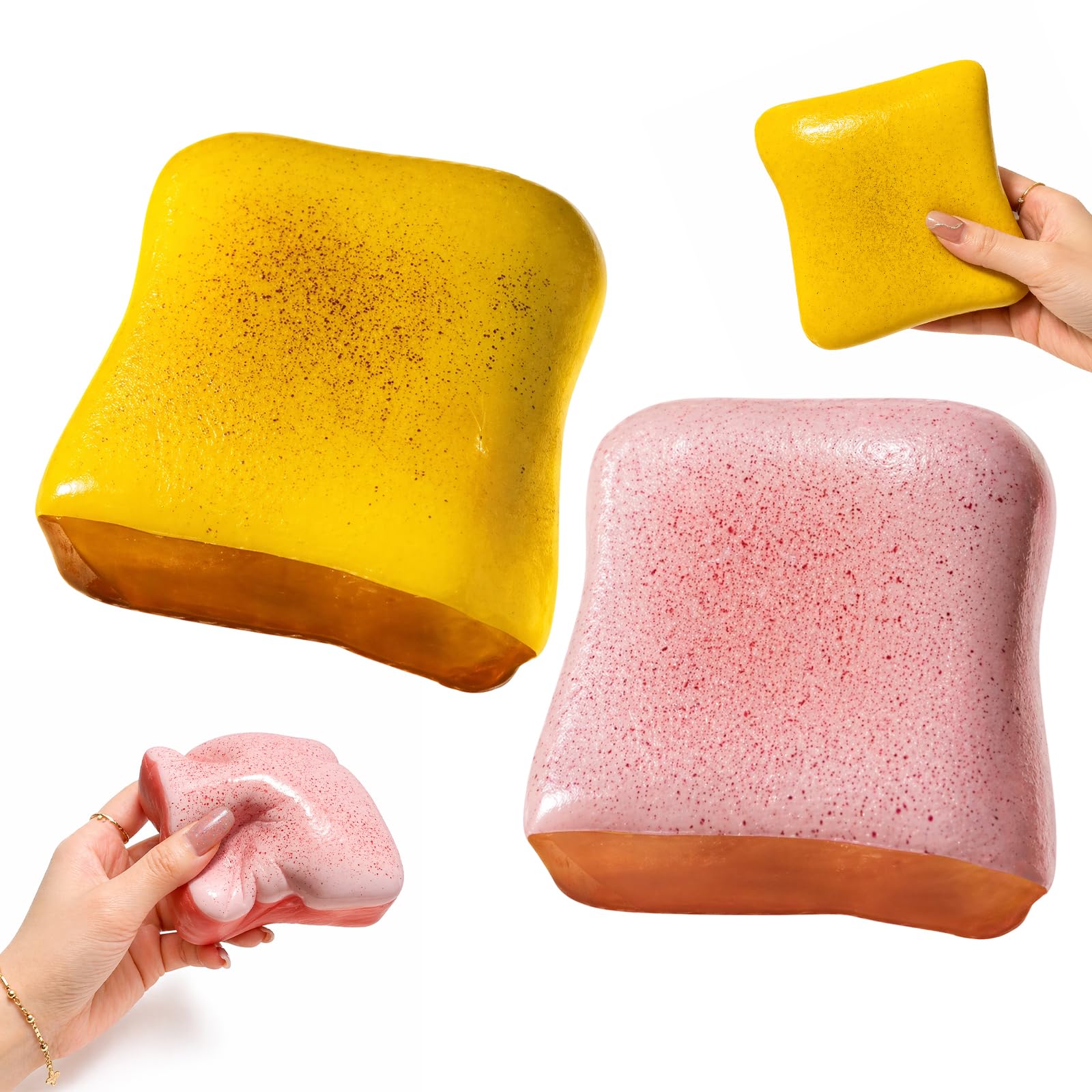 WitMbg 2 PCS Toast Bread Slow Rising Fidget, Desk Stress Relief During Work Breaks, Classroom Focus Enhancement Tool, Simulated Food Toast in Yellow and Pink