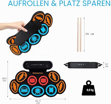 Electronic Drum Kit 9 Pads Rolling Electric Drum Pad Kits Machine with Headphone Connection 10 Hours Playtime 2 Built-in Speakers (Colourful)