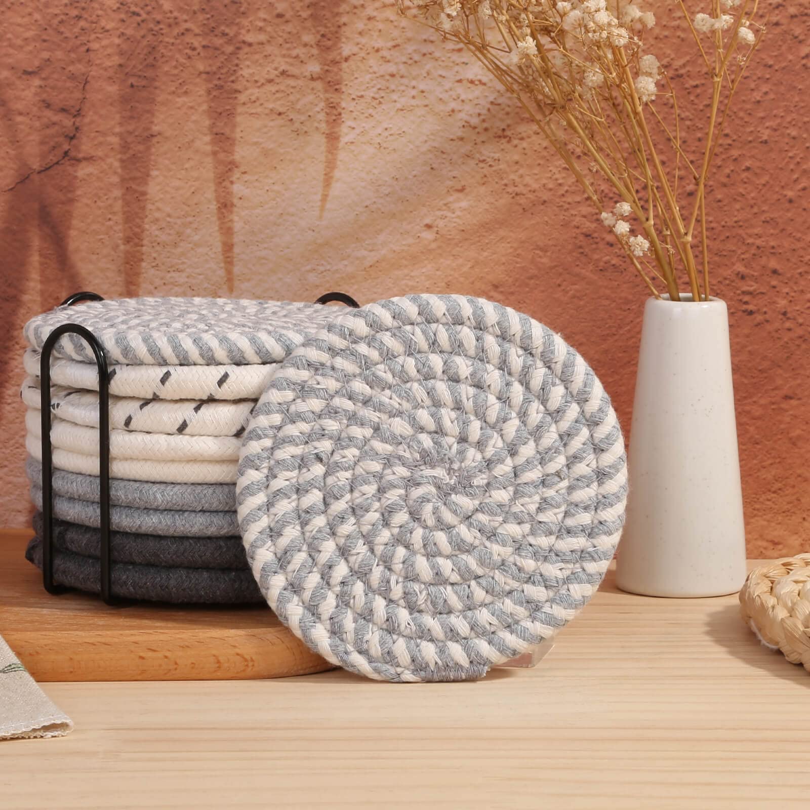 10 posavasos absorbentes de bebidas, posavasos de 5 colores con soporte, juego de posavasos tejidos para mesa de café, decoración de mesa de madera, decoración del hogar, 4.3 pulgadas 7