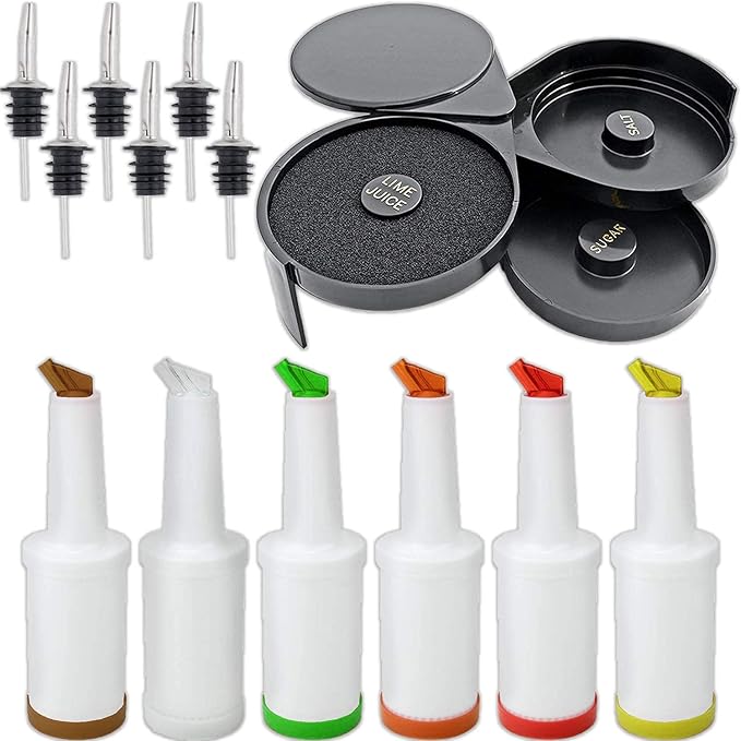 Bar Supplies Set 3 Tier Glass Rimmer + 6 Alcohol Pour Bottles + 12 Liquor Bottle