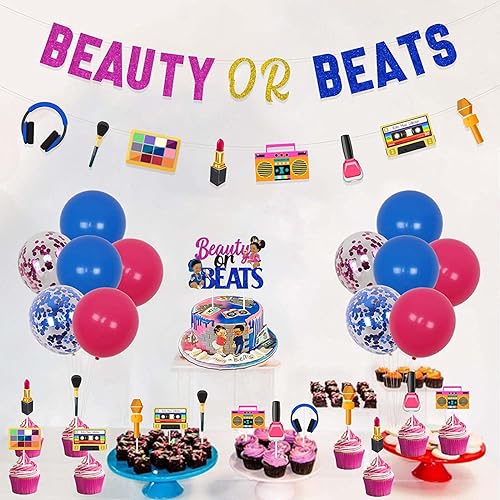 Miniatura 2 de Beauty or Beats - Kit de decoración divertida para revelación de género, pancarta de belleza o ritmos, guirnalda, decoración de pasteles y cupcakes