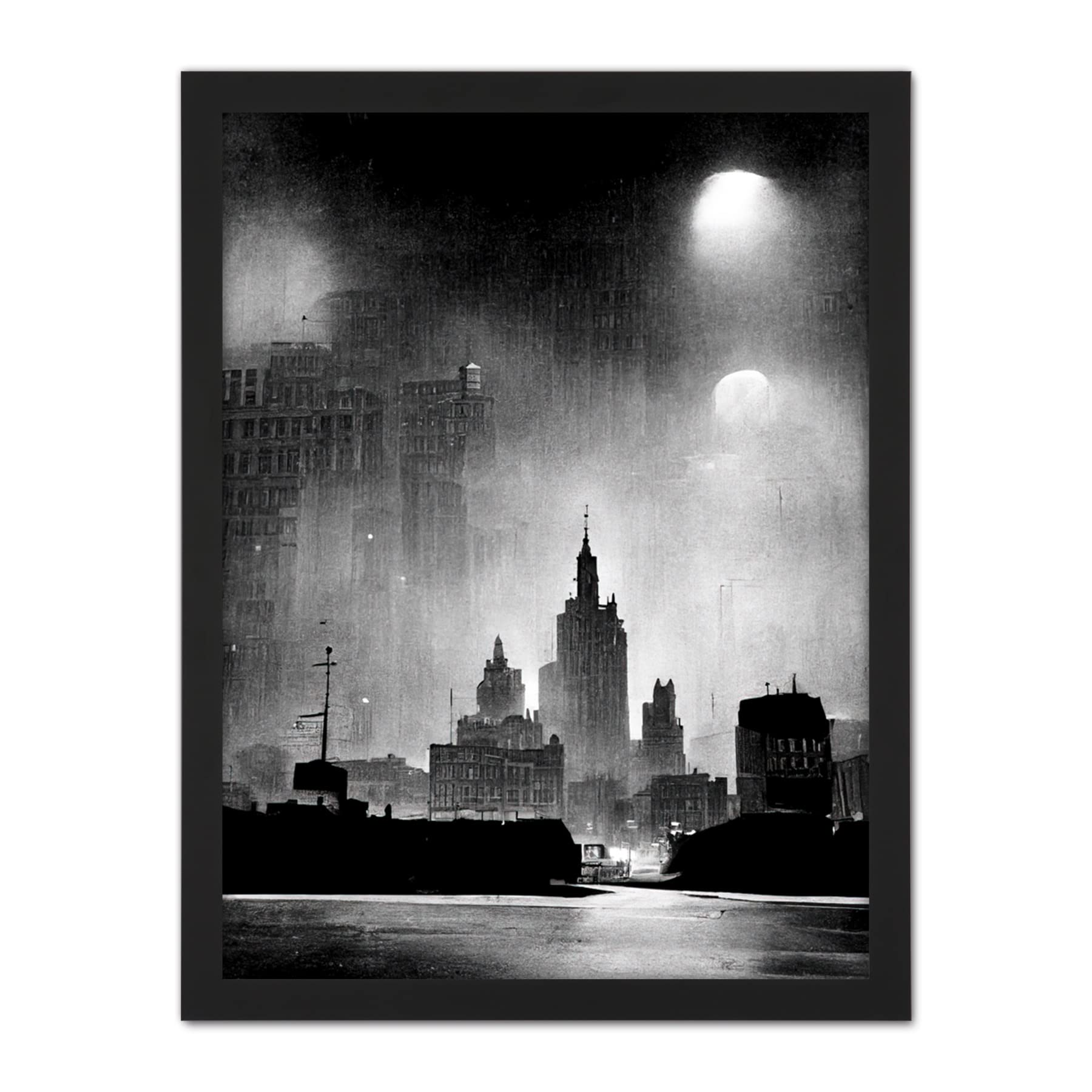 Doppelganger33 LTD 1950s Black And White New York Rainy Mist Cityscape Artwork Framed Wall Art Print 18X24 Inch